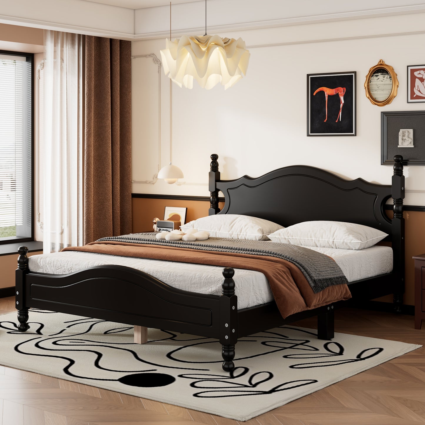 Dark wood queen bed frame with ornate headboard and footboard for bedroom