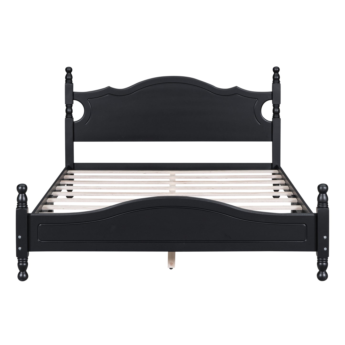 Black wooden bed frame with carved headboard and footboard slatted base