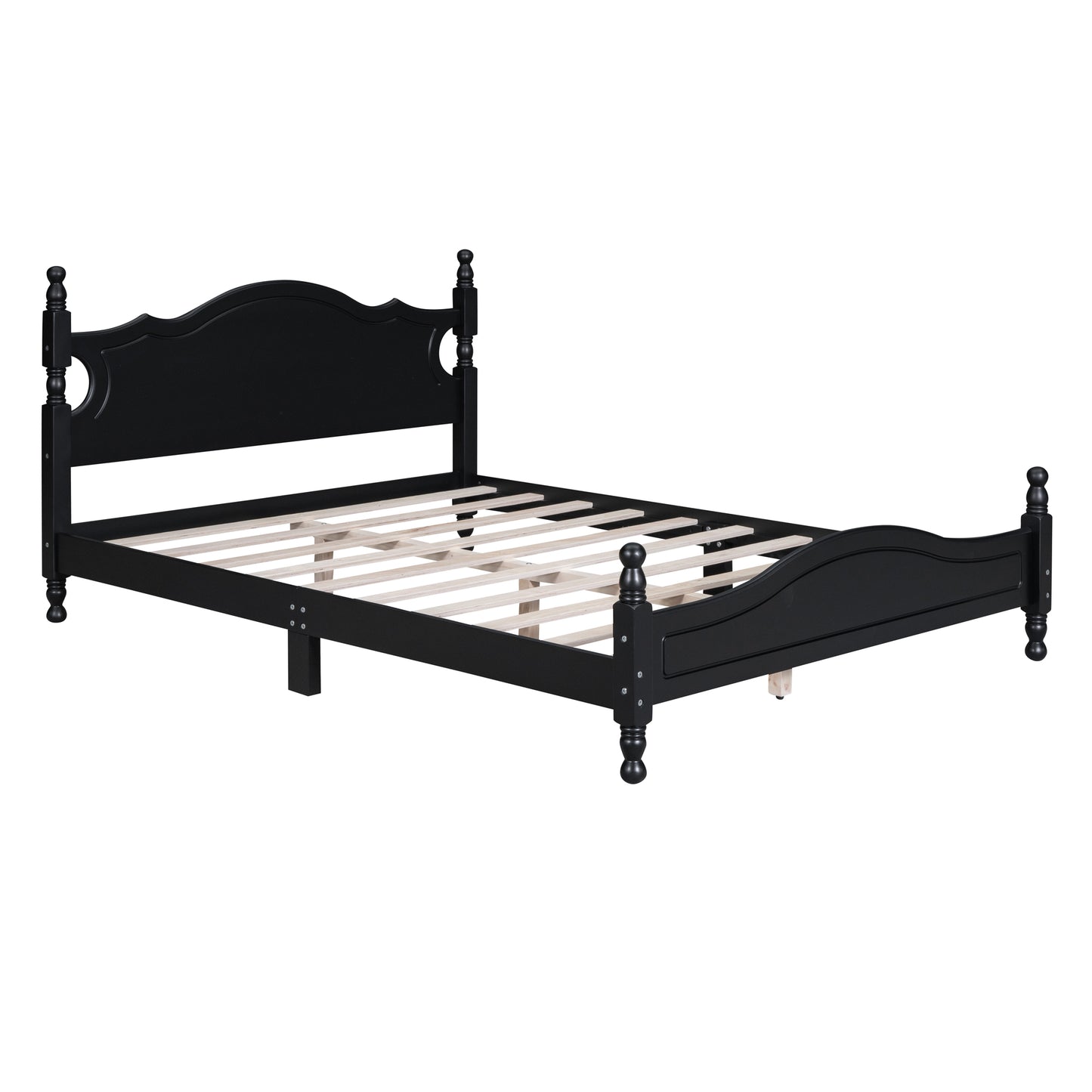 Black wooden bed frame with carved headboard and footboard queen size