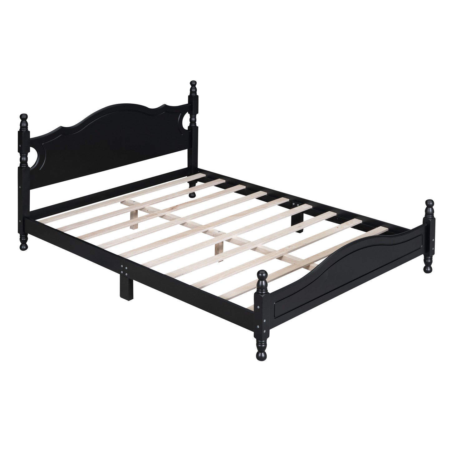 Elegant black wooden bed frame with ornate headboard and footboard