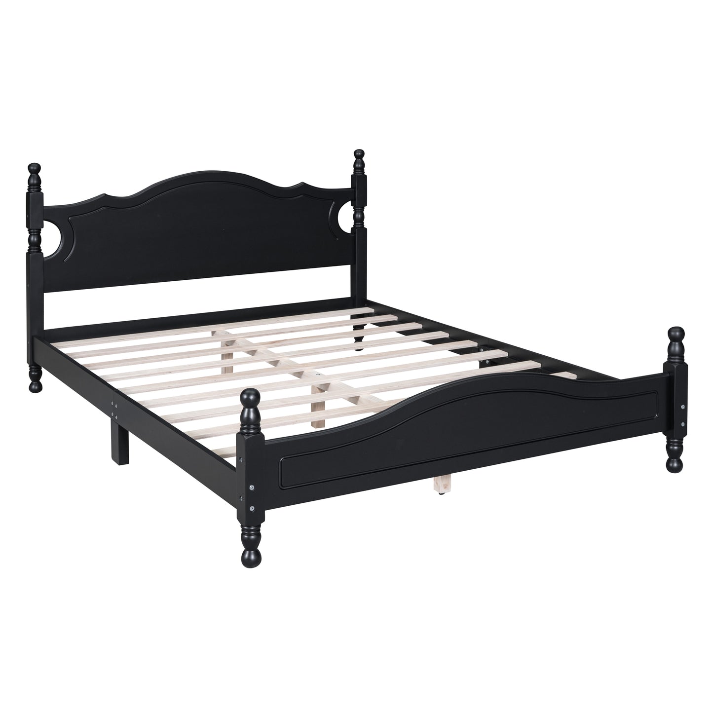 Black wooden bed frame with ornate headboard and footboard queen size