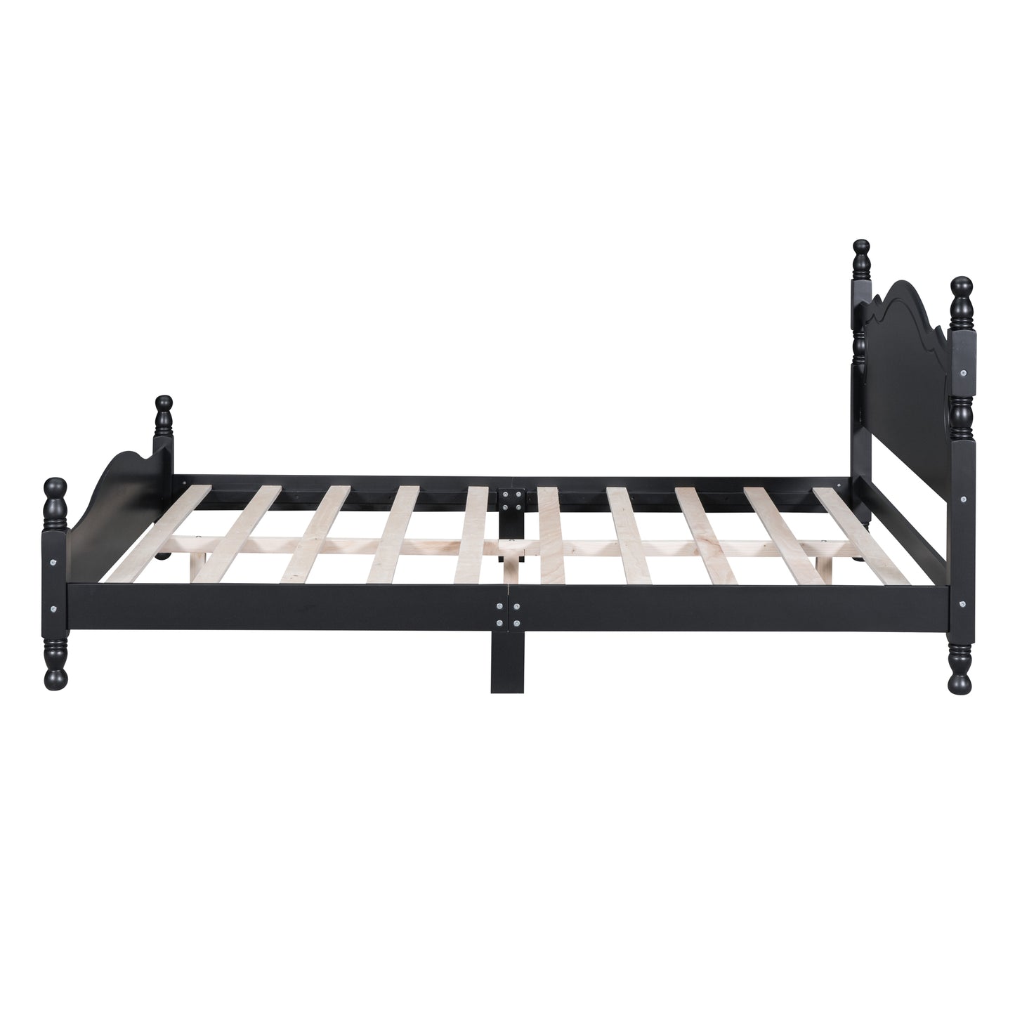 Black wooden bed frame with decorative finials and slatted support