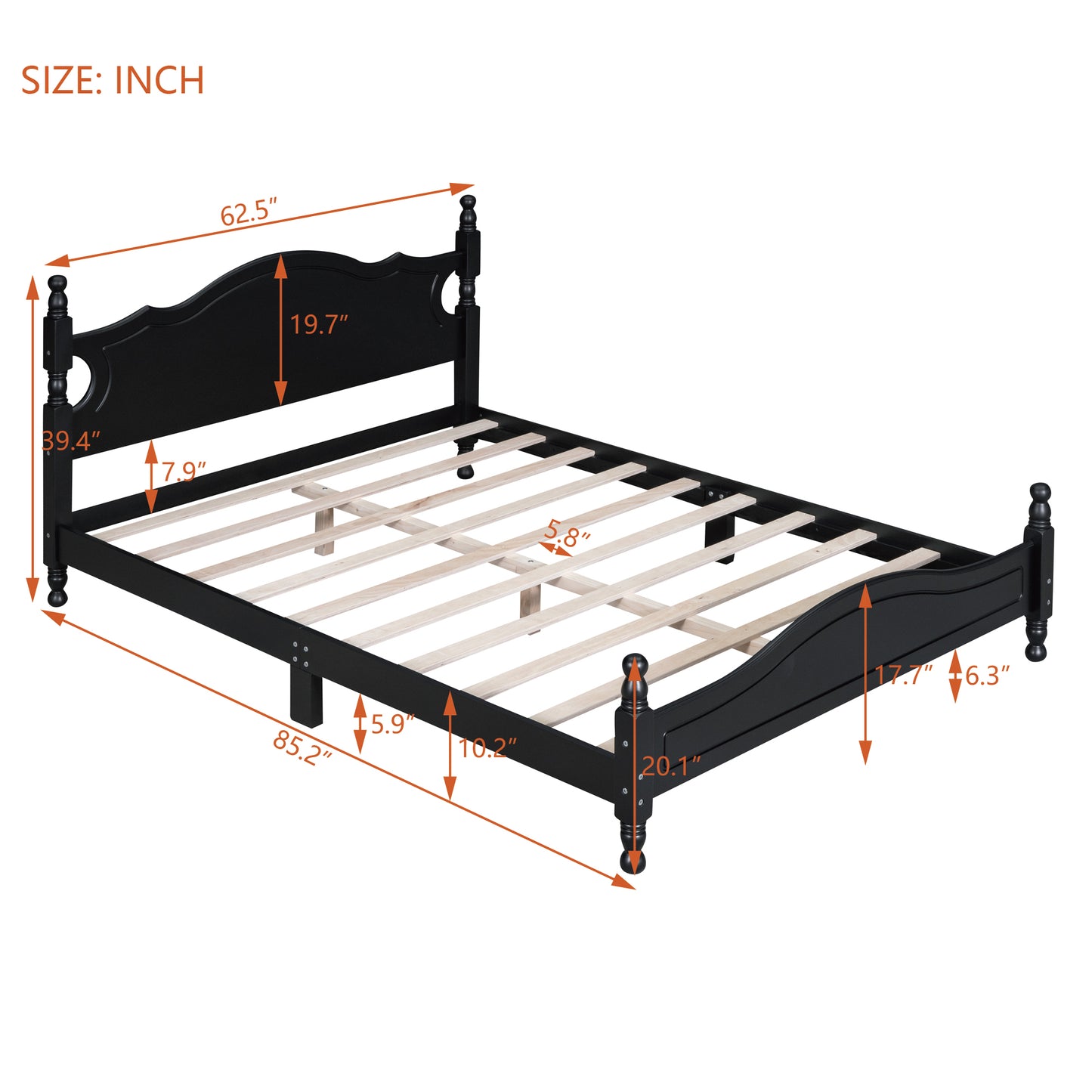 Black wooden bed frame with carved headboard and footboard queen size detailed dimensions