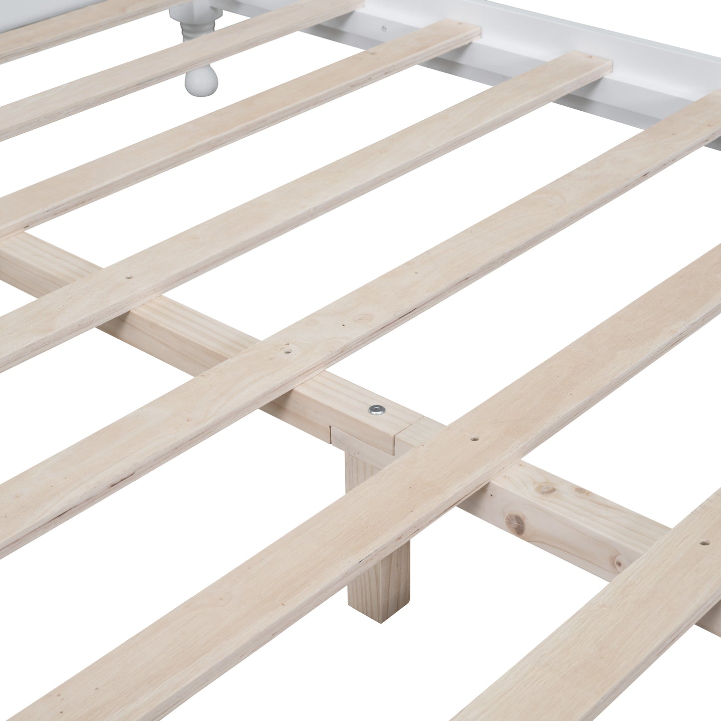 Close up of natural wood bed slats with white frame detail offering sturdy mattress support