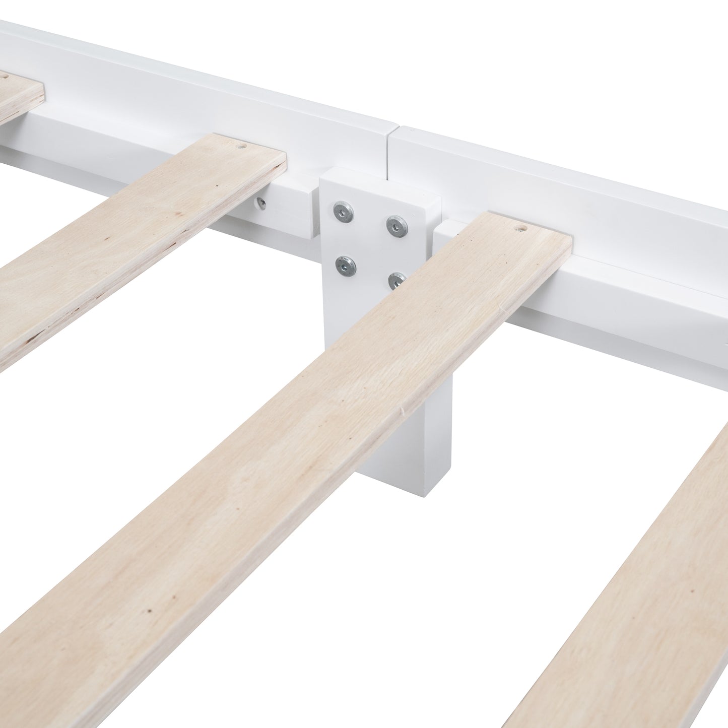 White wooden bed frame detail showing slatted base construction