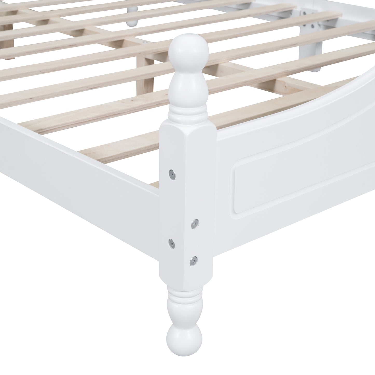White wooden bed frame with ornate turned spindle and slatted support