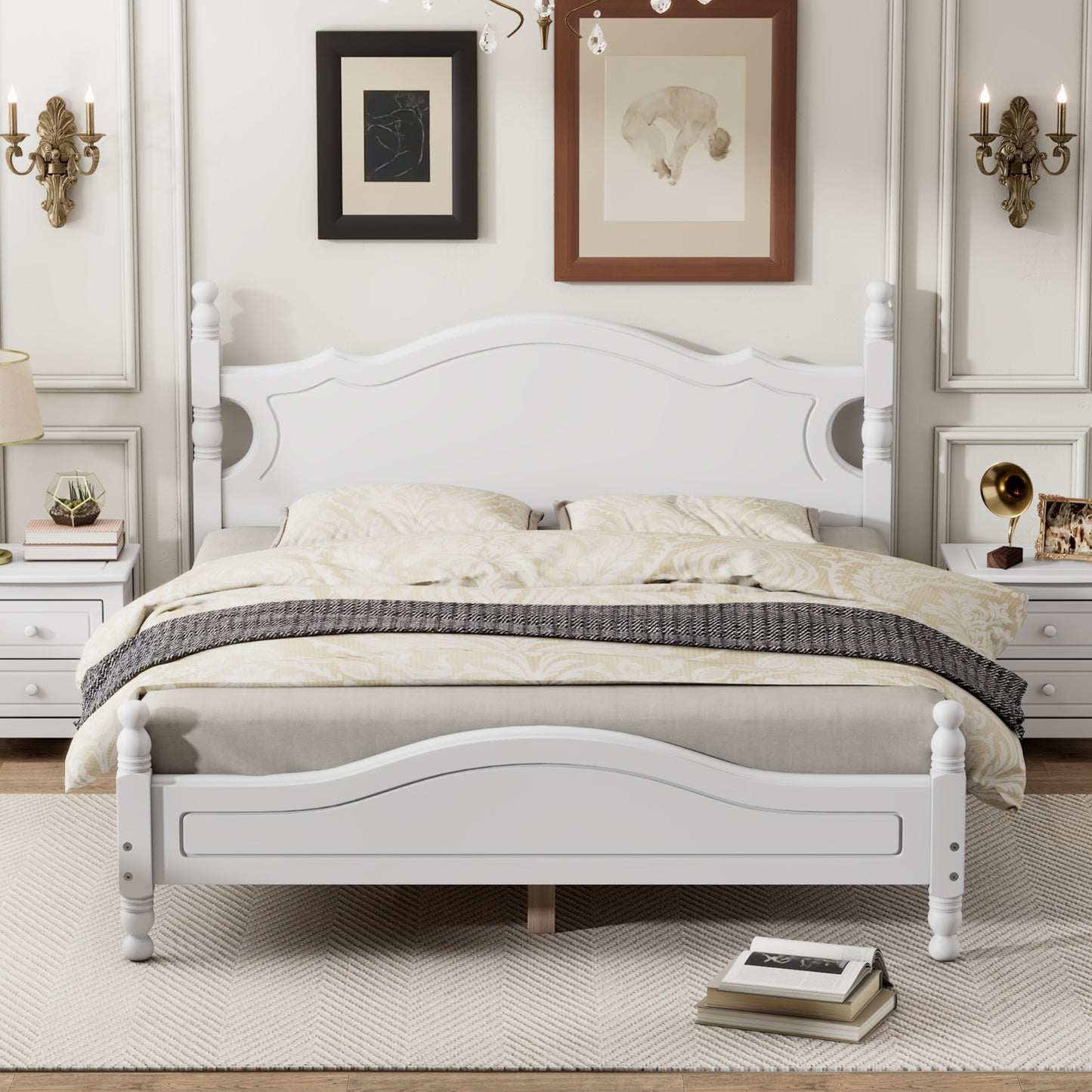 Elegant white wooden bed frame with ornate headboard and footboard for a sophisticated bedroom