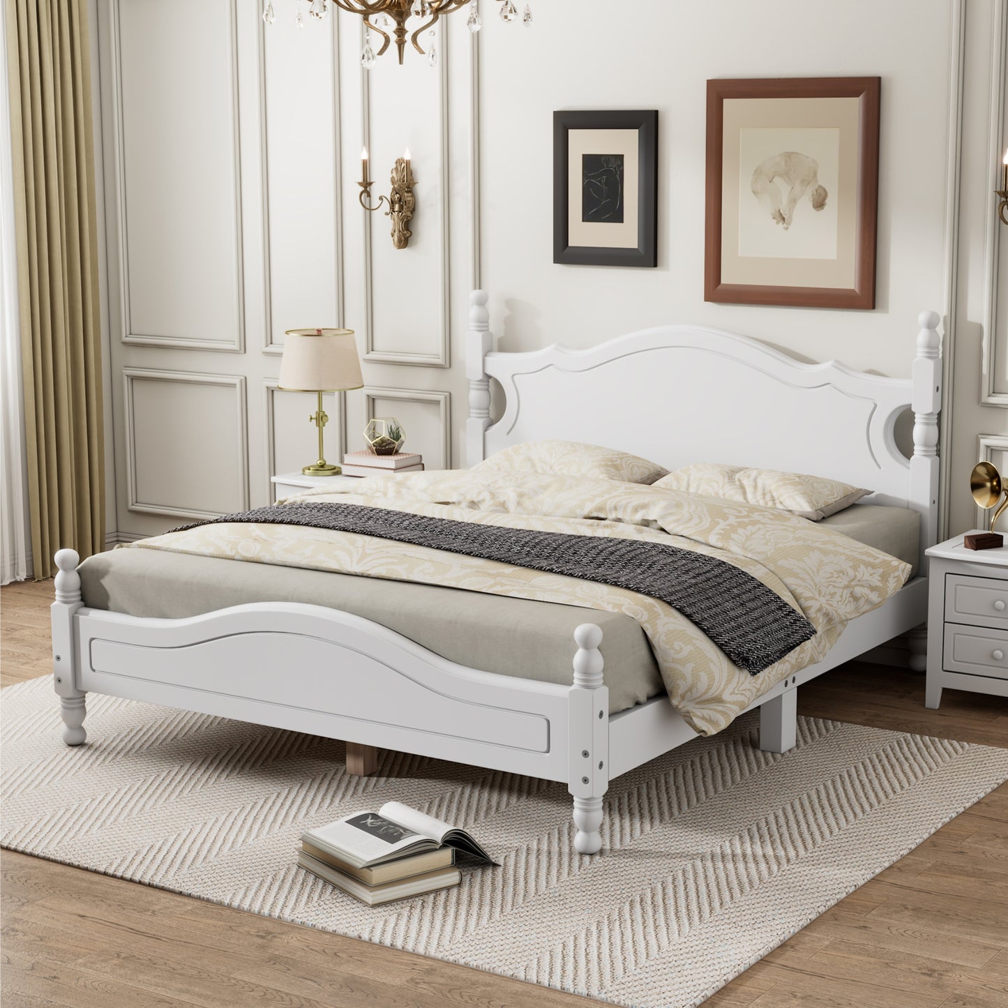 Classic white wooden bed frame with carved headboard and footboard suitable for bedrooms
