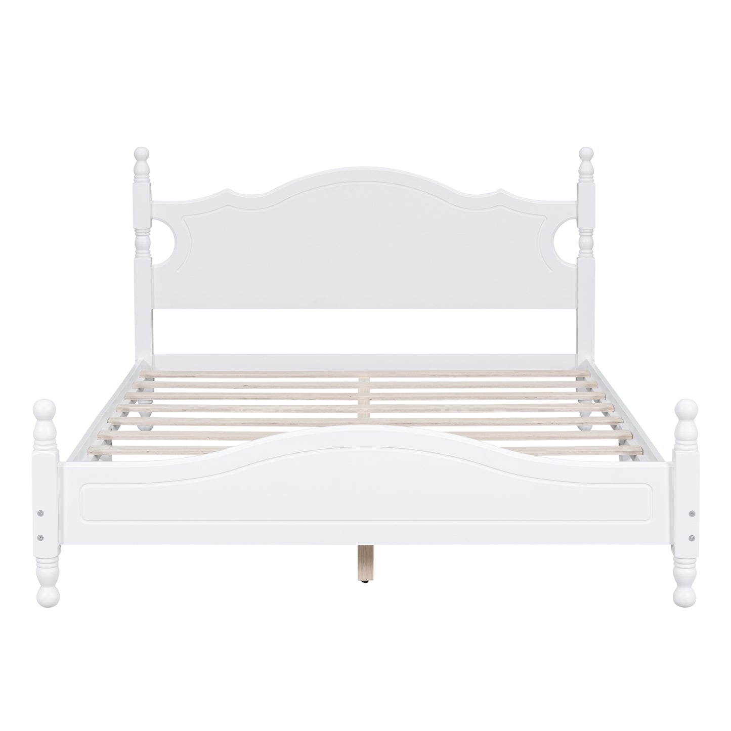 White wooden bed frame with spindle posts and curved headboard
