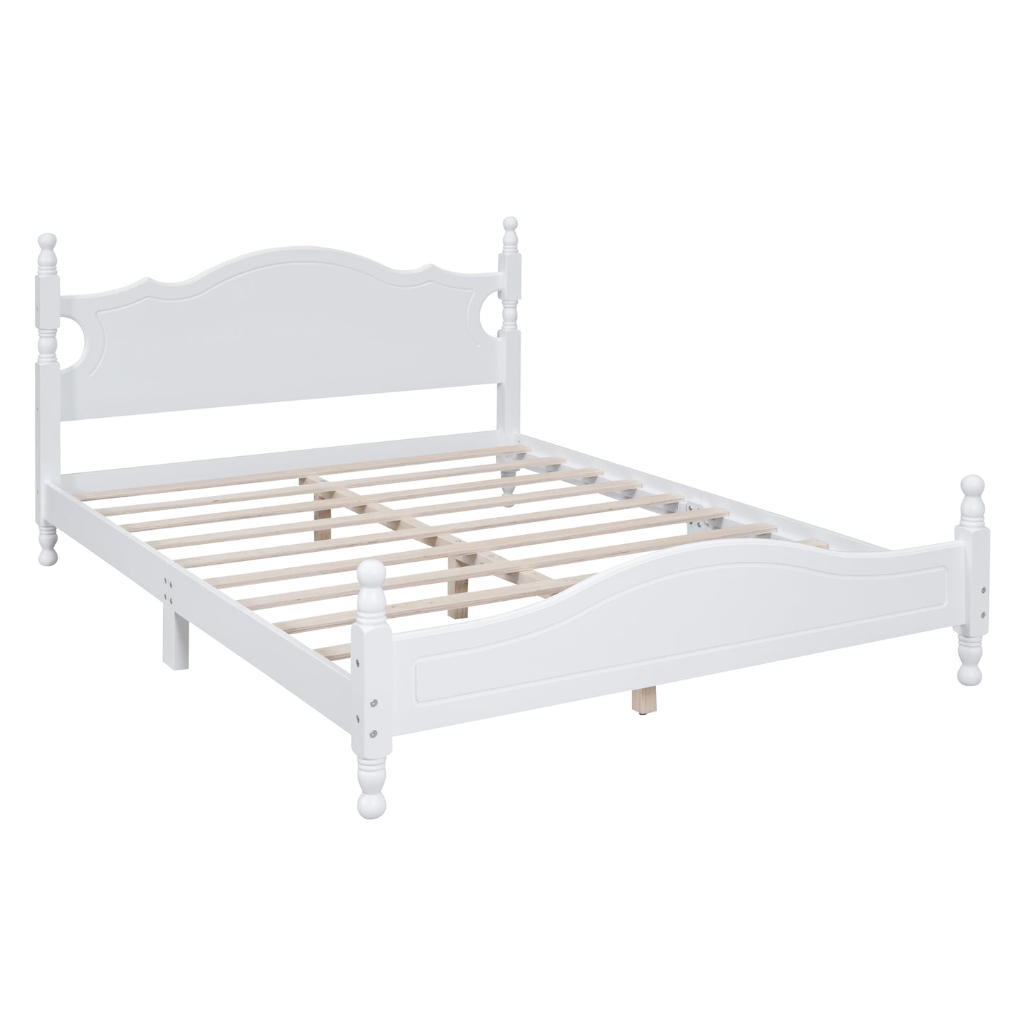 White wooden bed frame with ornate headboard and footboard for bedroom