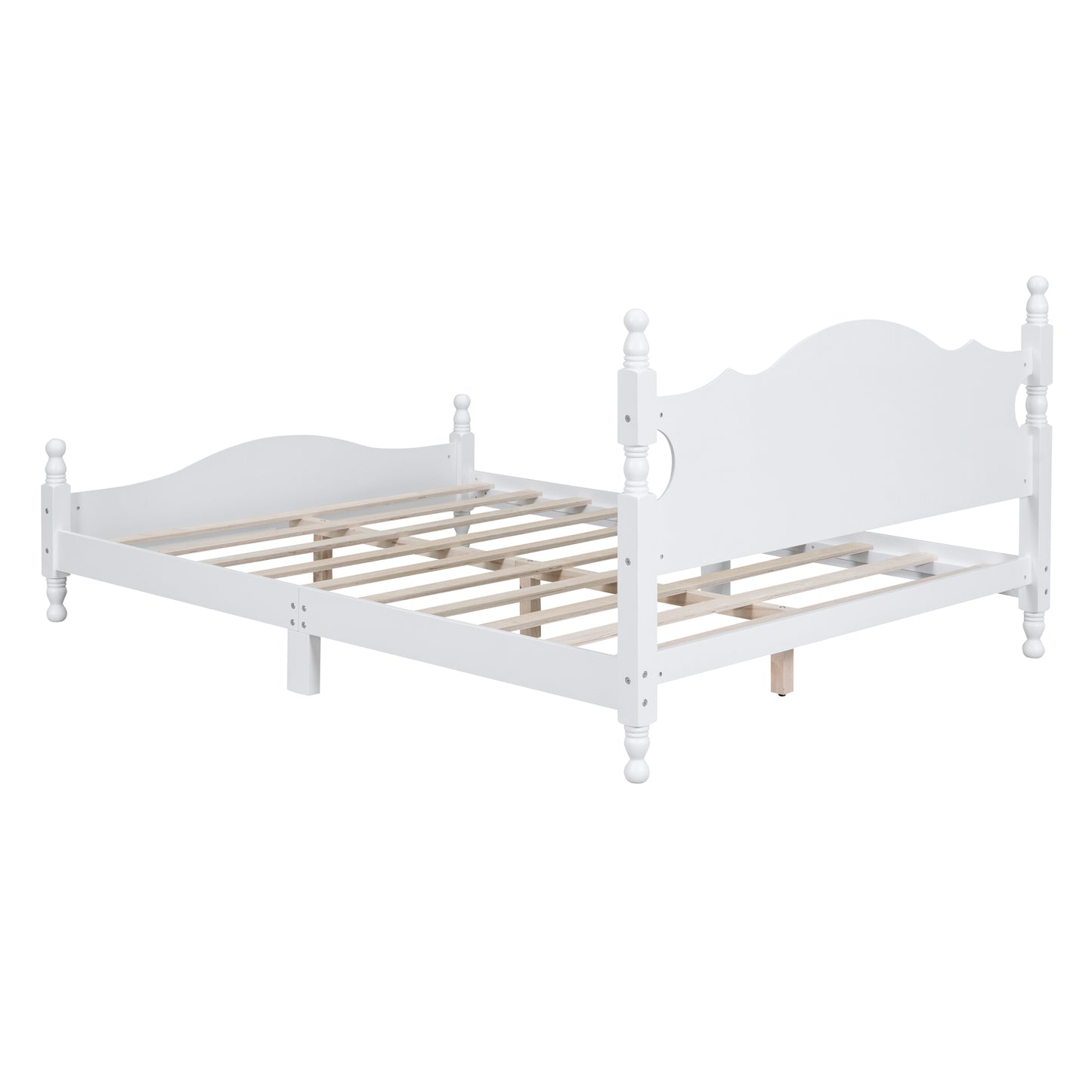 White wooden bed frame with ornate headboard and footboard queen size