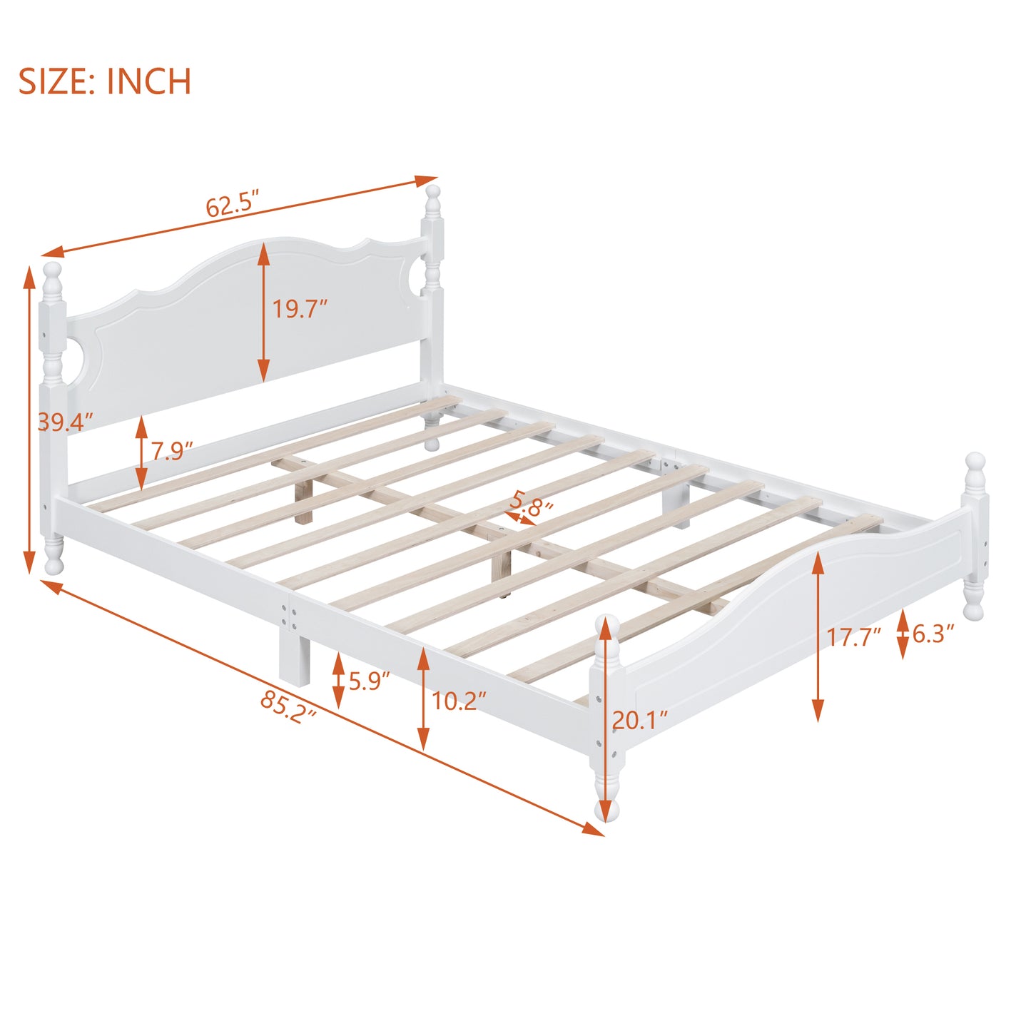 White twin bed frame with carved headboard and footboard dimensions shown