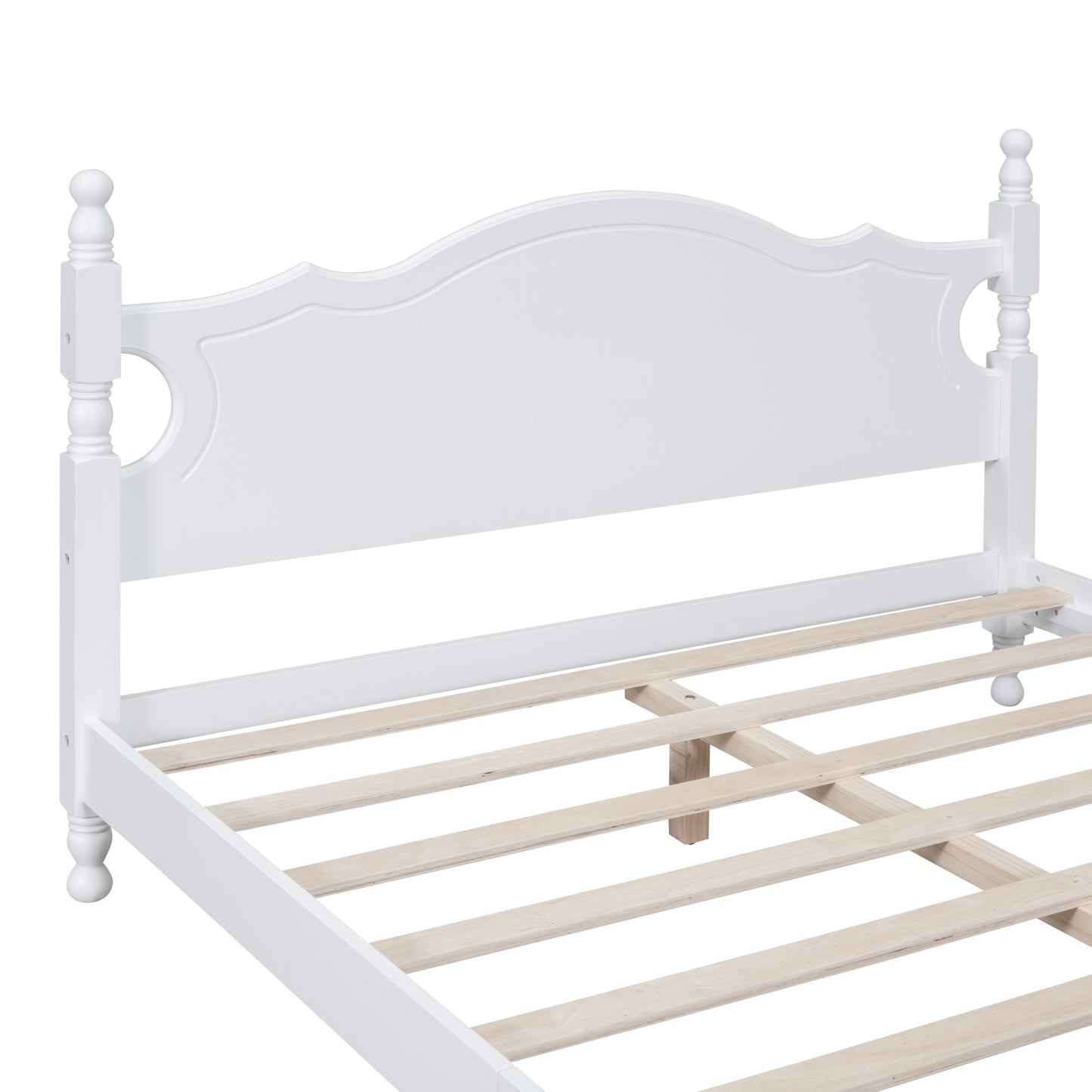 White wooden bed frame with a decorative headboard and slatted base