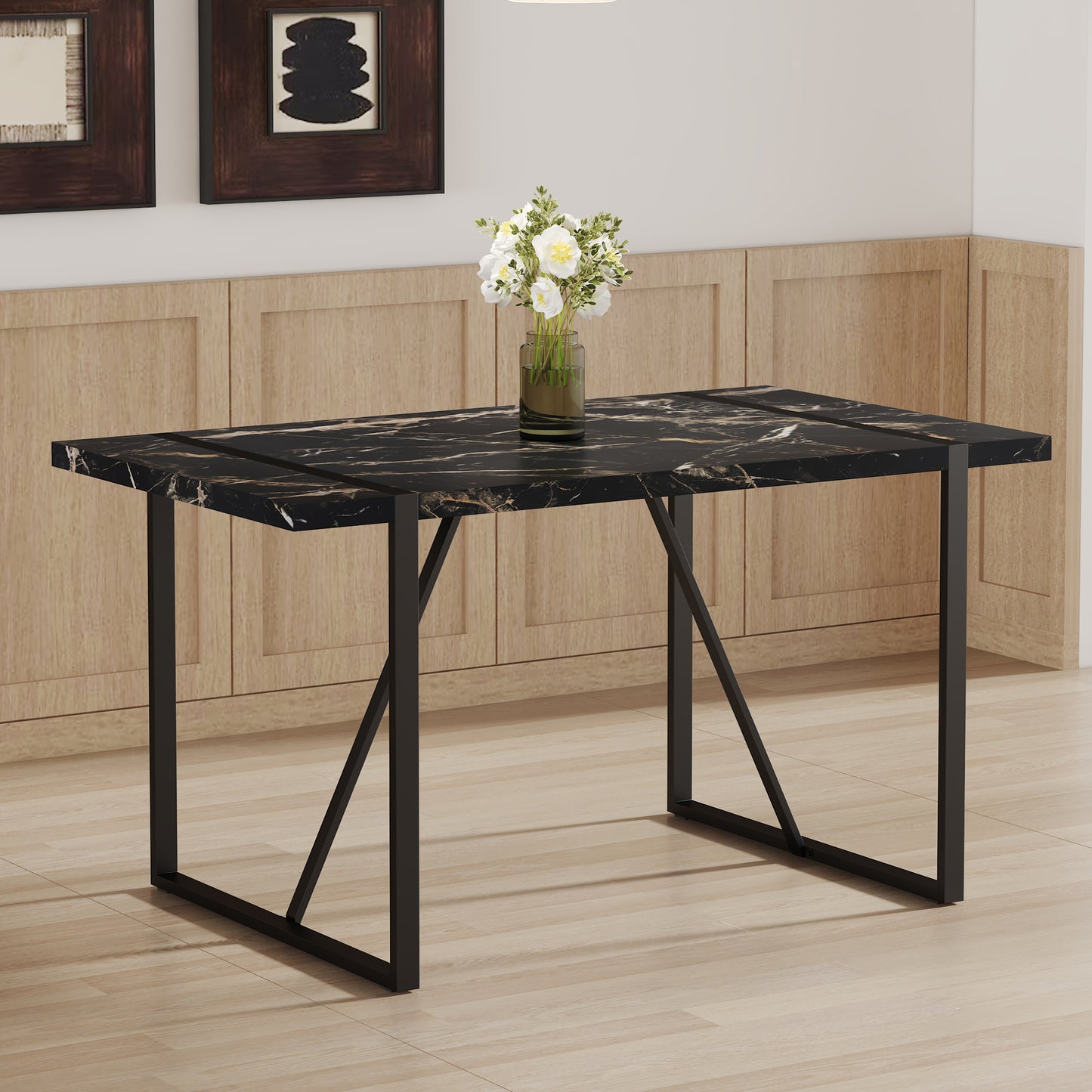 Black marble dining table with modern black metal legs