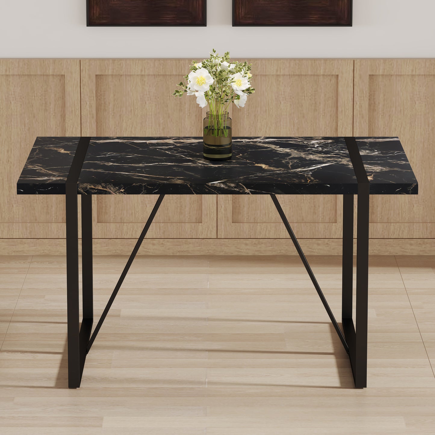 Sleek black marble top console table with gold veining and black metal legs