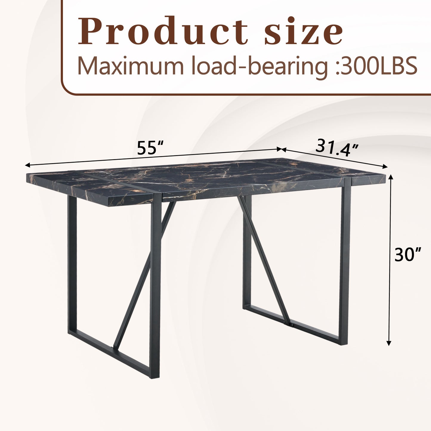Black marble dining table with gold veining and black metal legs