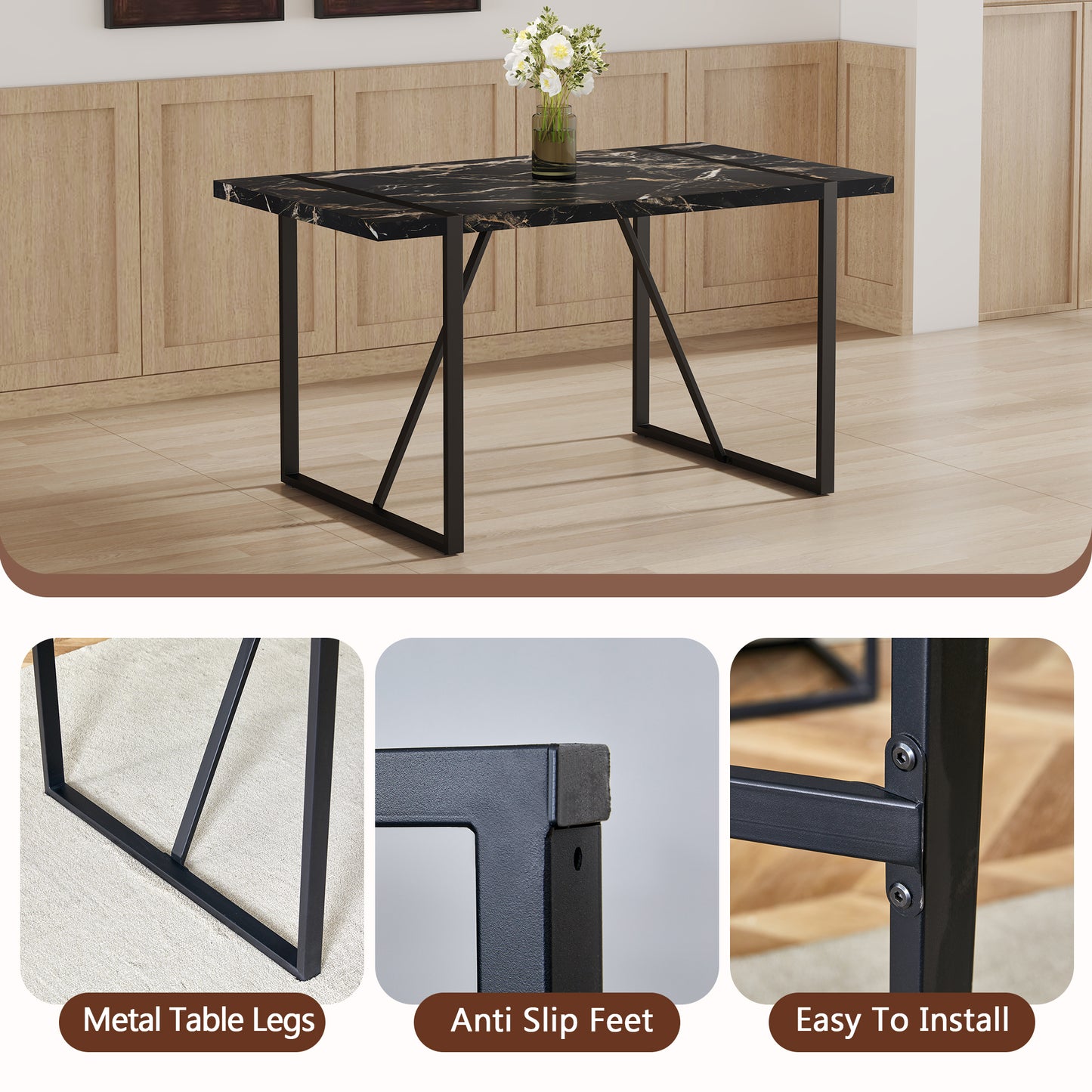 Black marble dining table with geometric metal legs