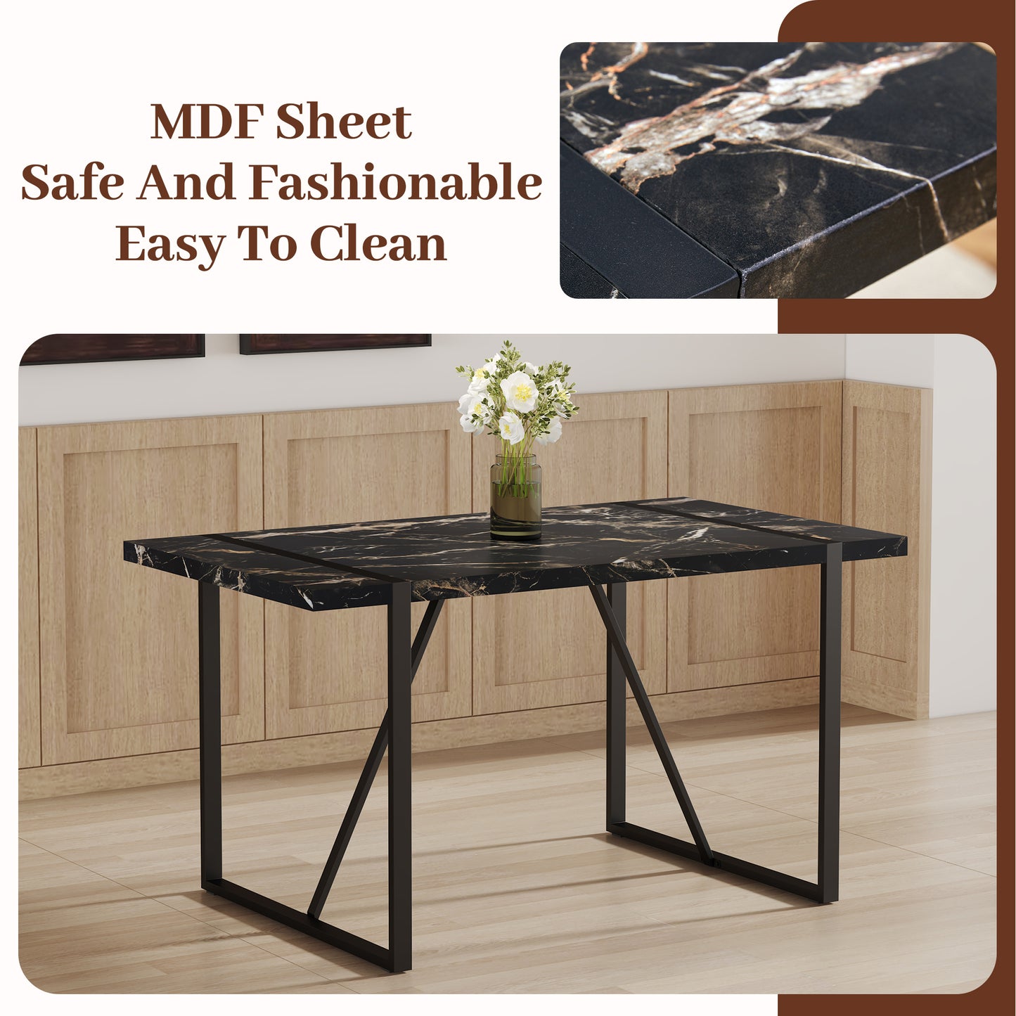 Black marble effect MDF dining table with black metal legs