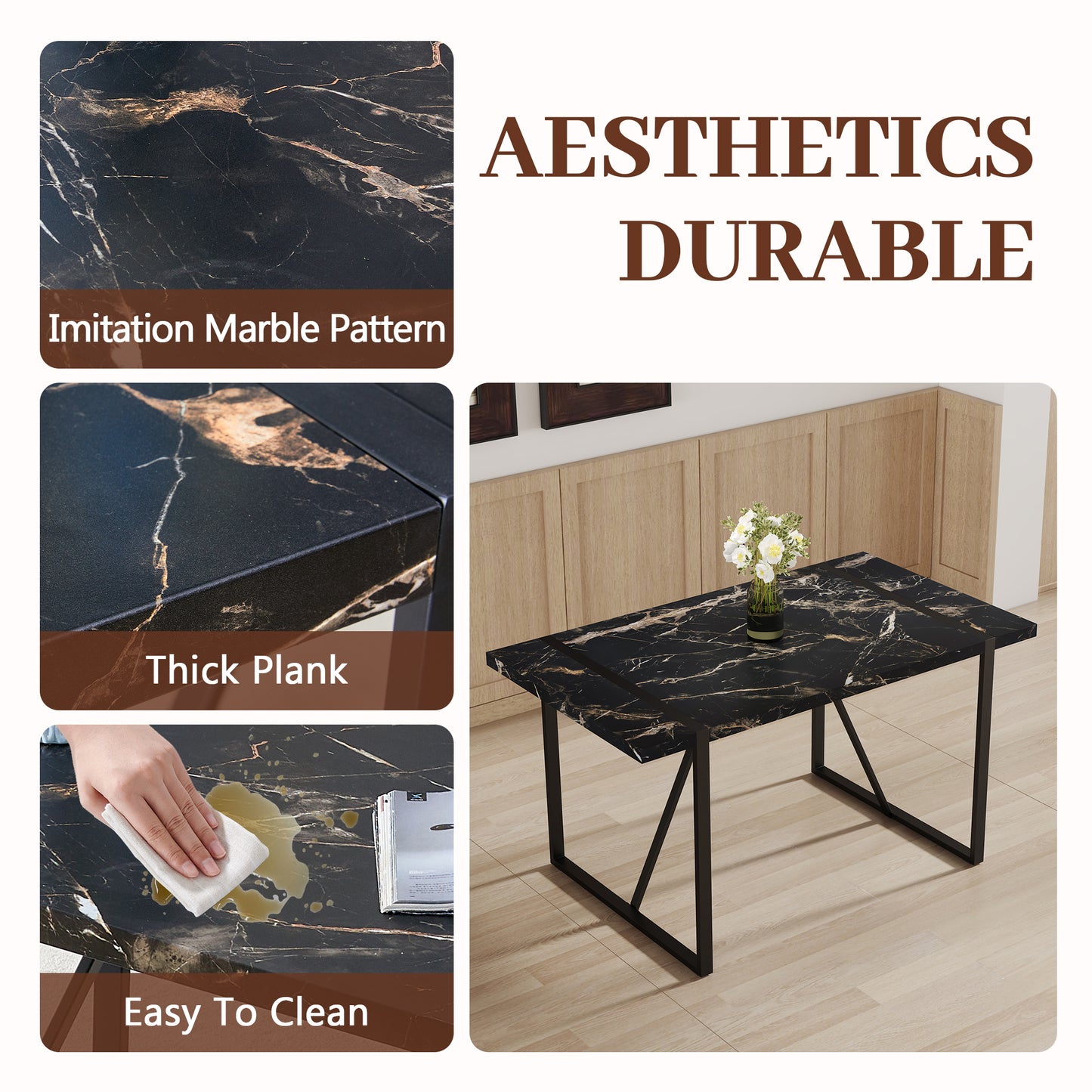 Black imitation marble dining table with gold veining and black metal legs
