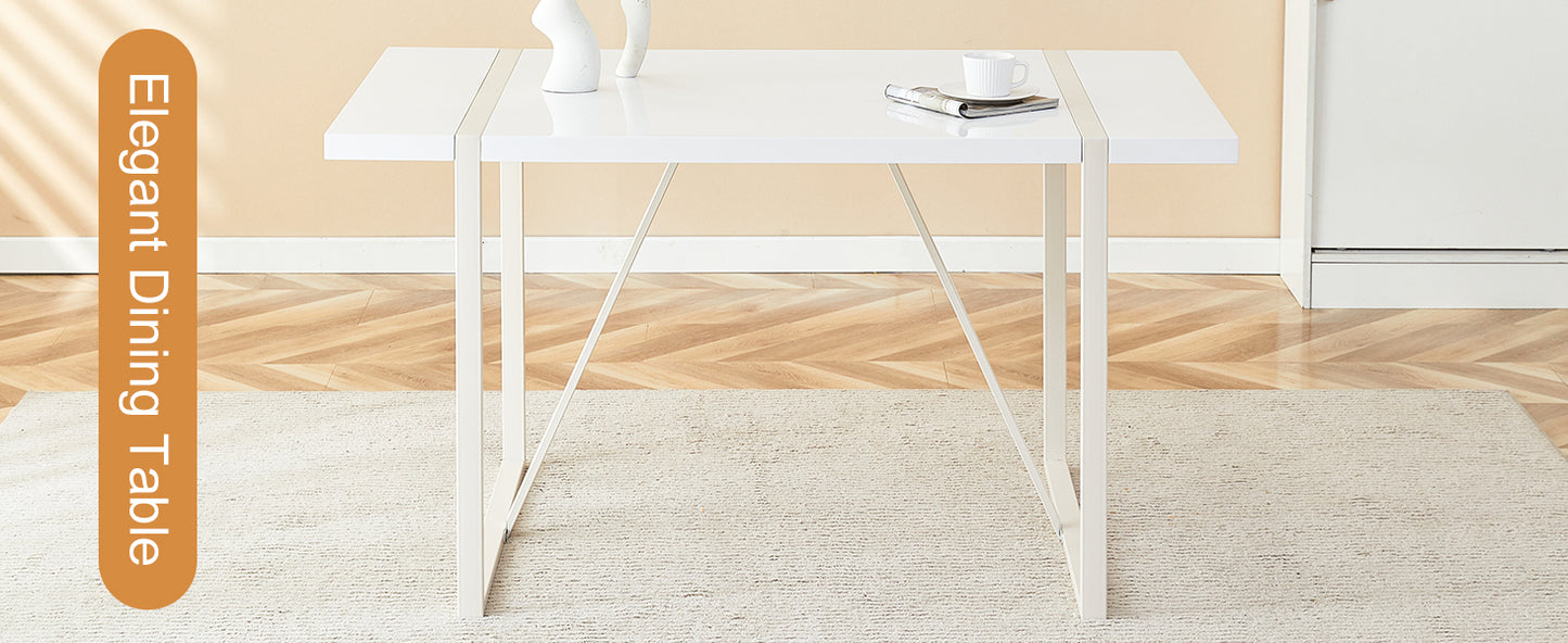 Modern white dining table with minimalist white metal frame perfect for small spaces