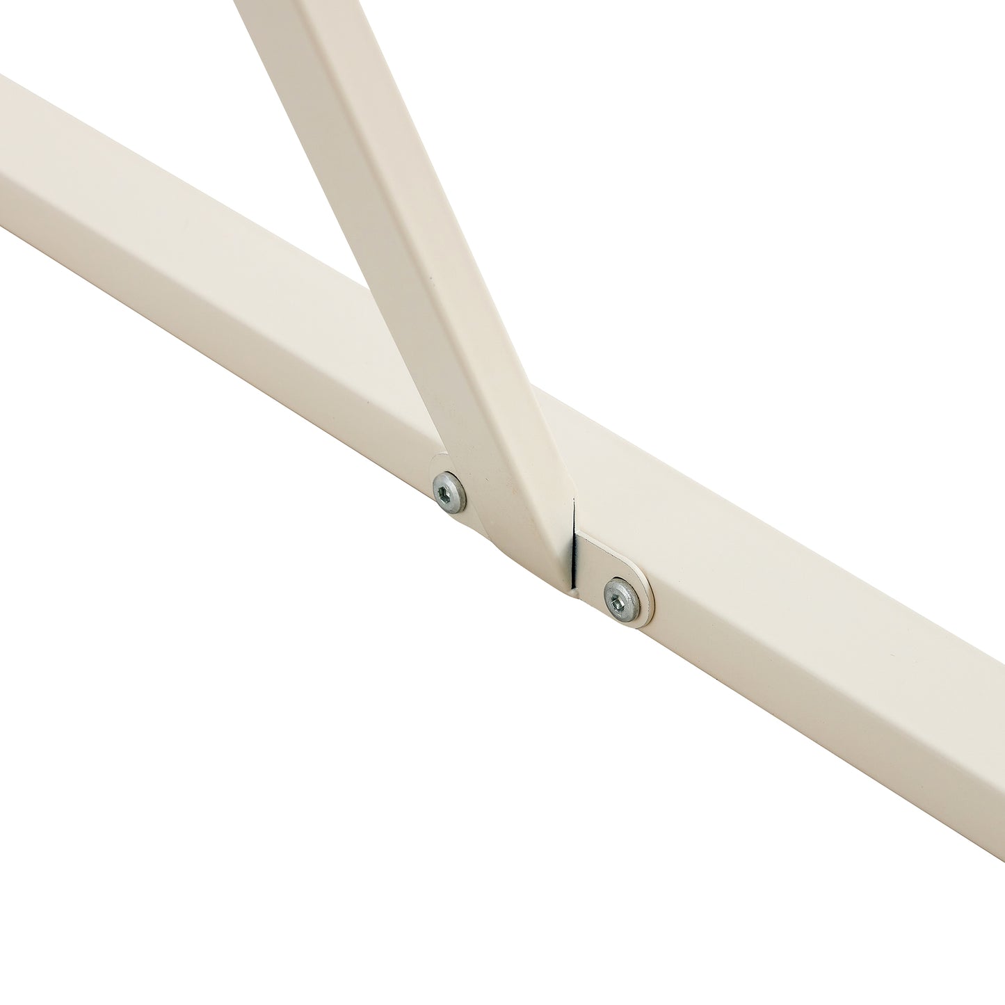 Closeup of creamcolored metal bracket joint with silver screws