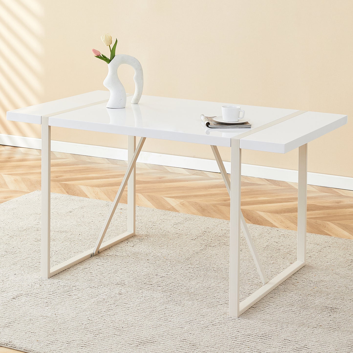 Modern white highgloss dining table with slim metal legs