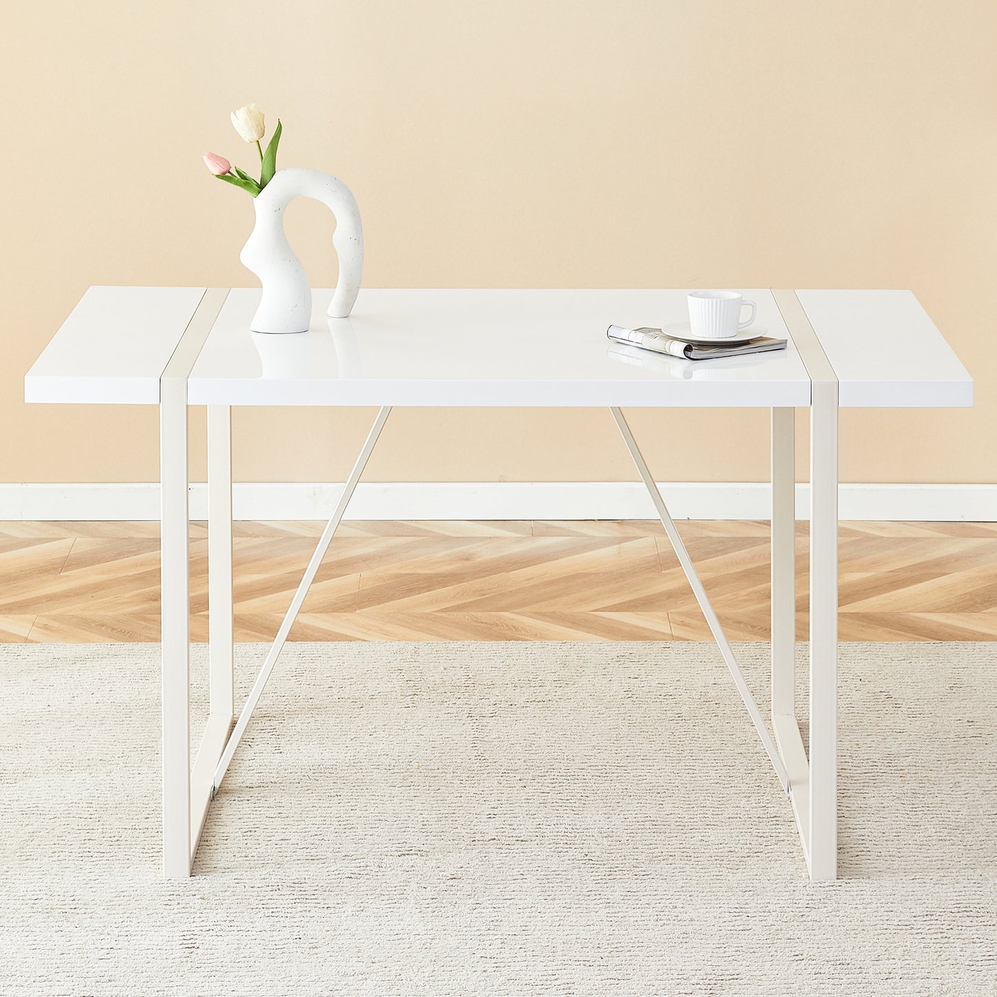 White gloss writing desk with minimalist metal legs