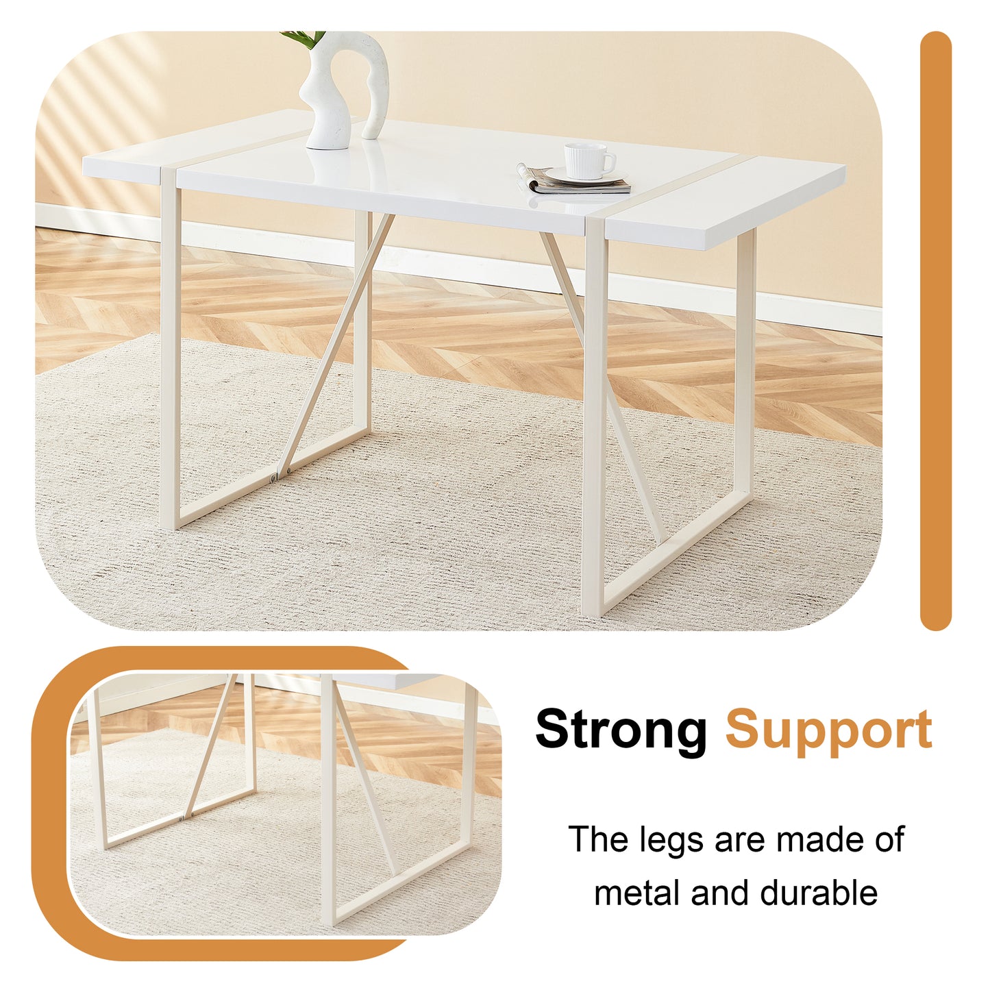 White modern desk with a glossy finish and Xshaped metal legs