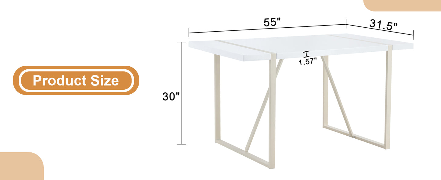 White dining table with light beige metal legs