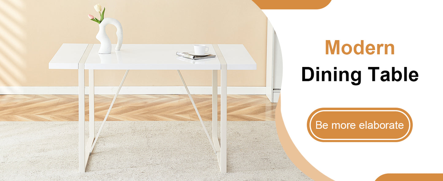 Sleek white modern dining table with a highgloss finish and geometric metal legs