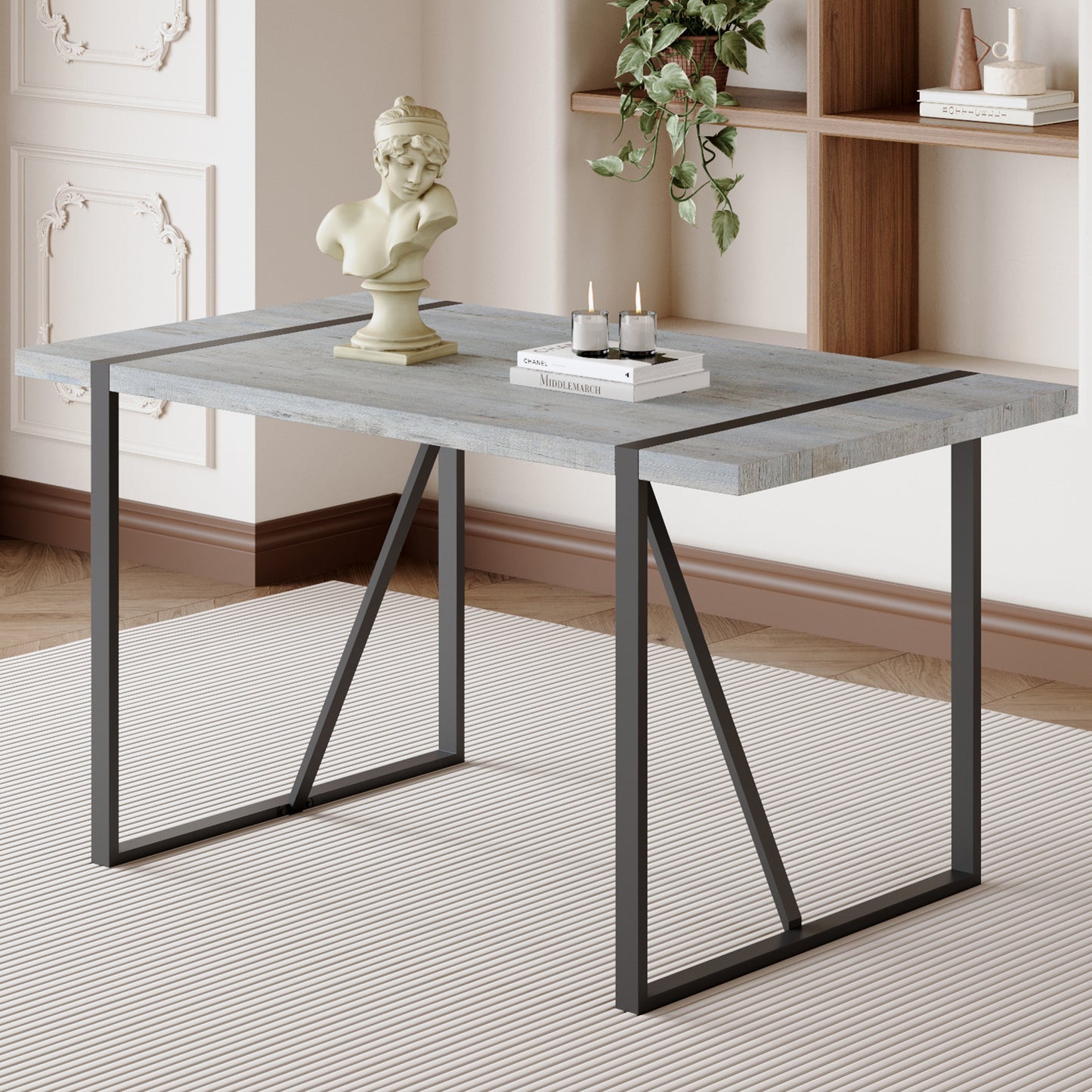 Weathered grey wood desk with black metal legs