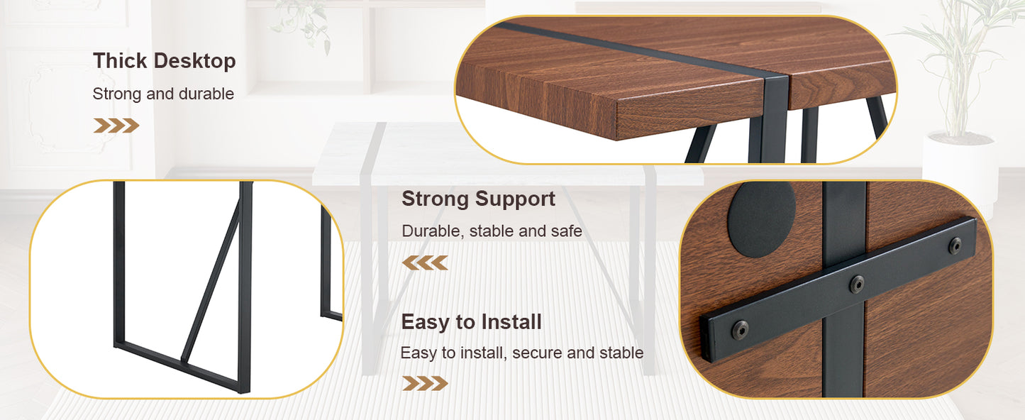 Thick walnut veneer desktop with black metal support bar for stability