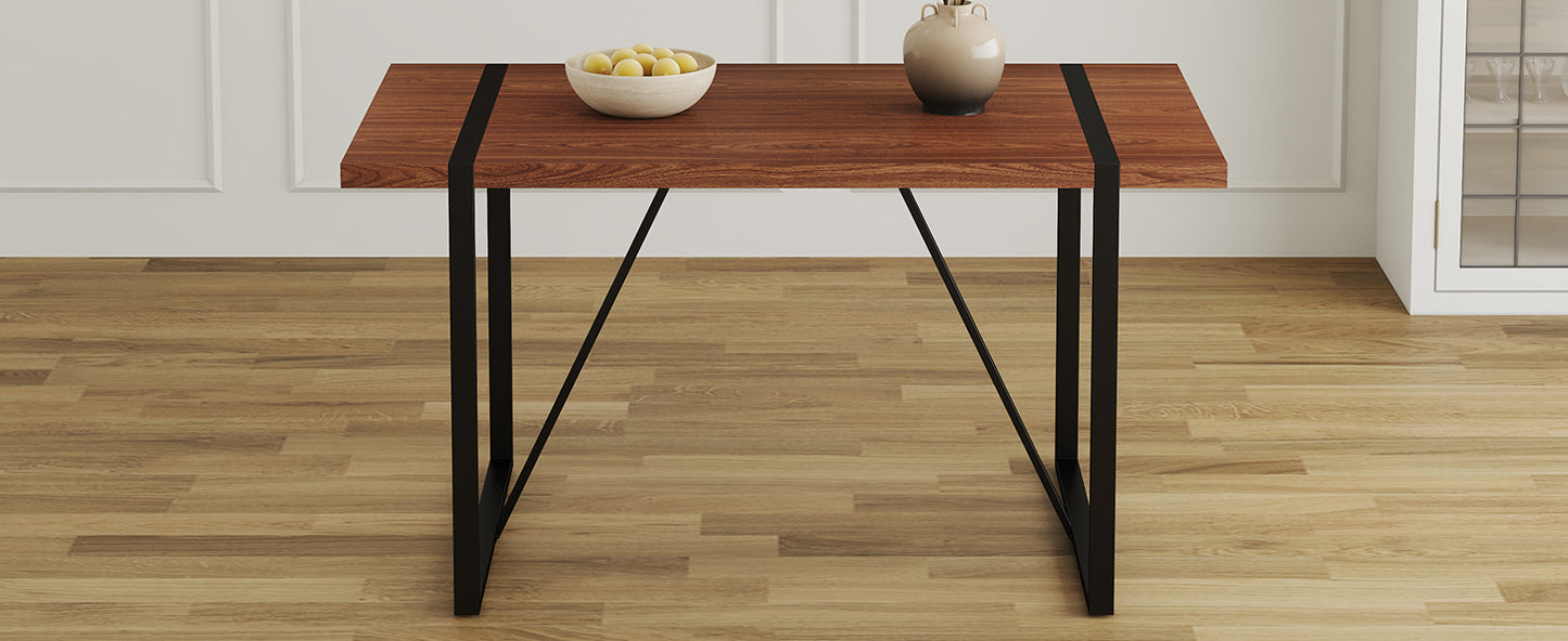 Modern rectangular dining table with rich walnut veneer top and black metal legs