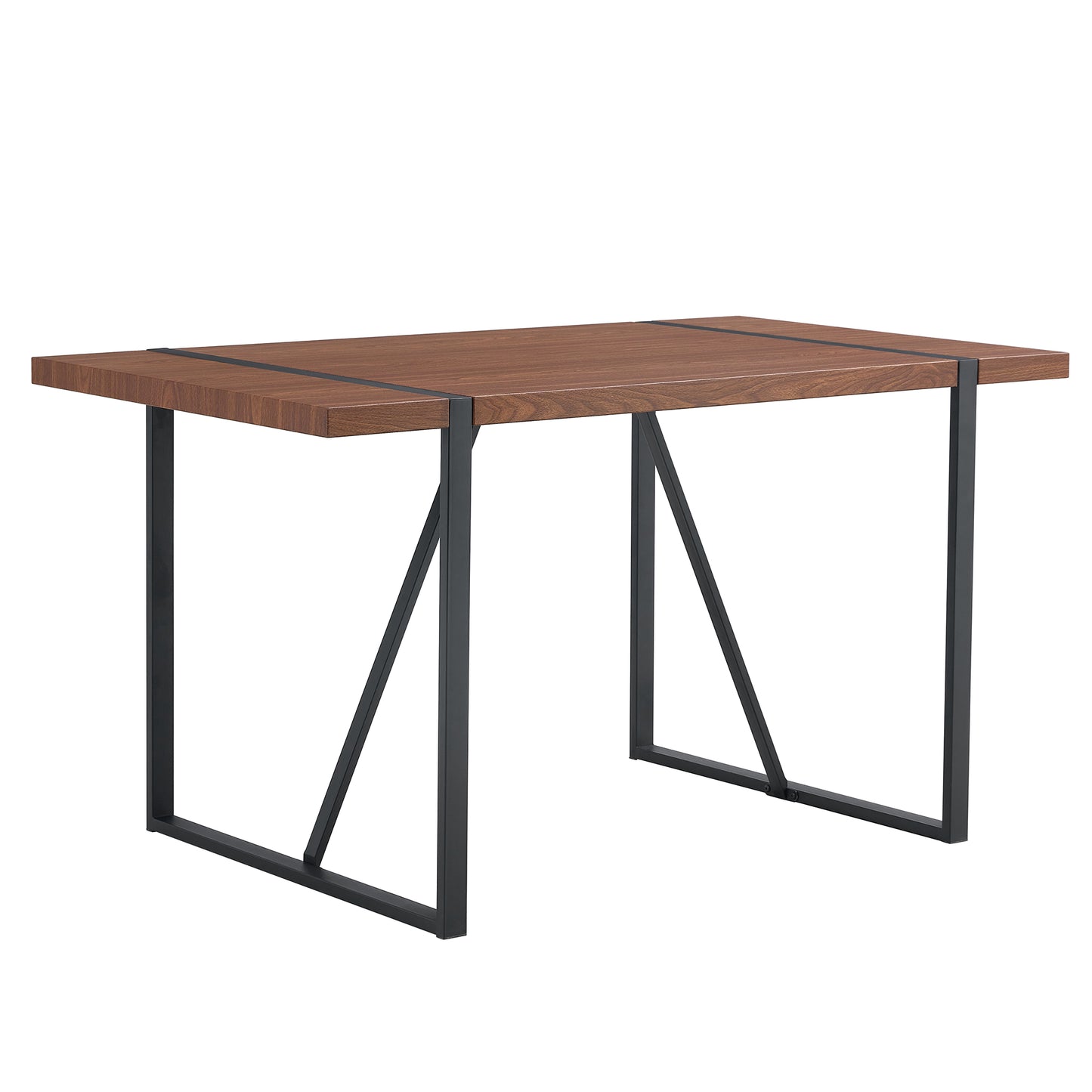 Modern walnut veneer dining table with black metal legs