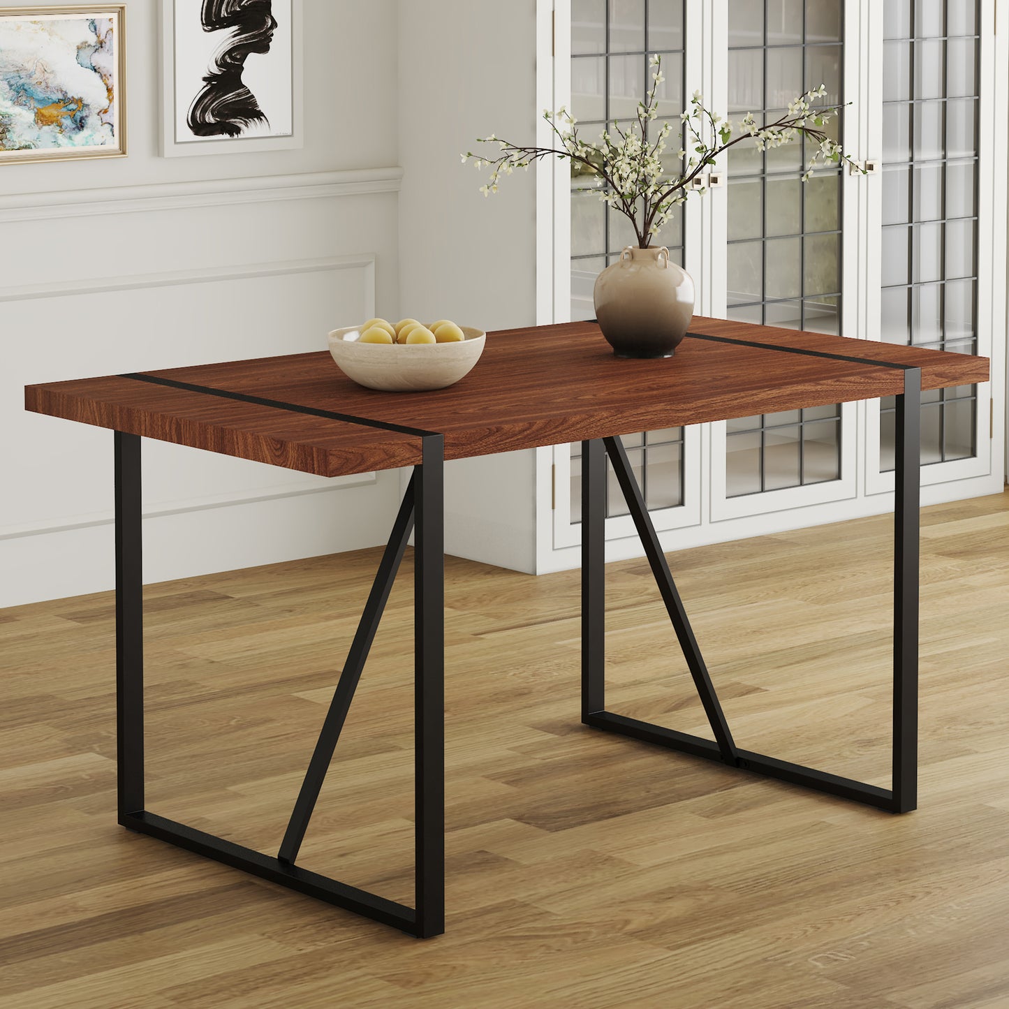 Modern wood dining table with black metal legs