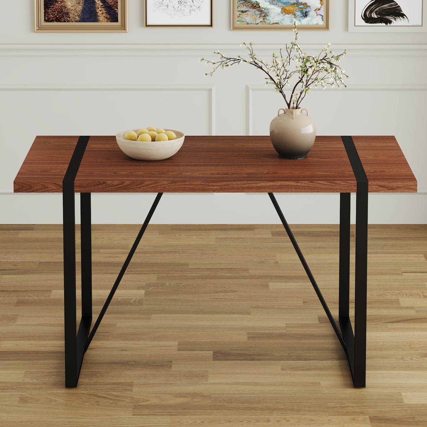 Walnut wood dining table with black metal legs and decorative stripe