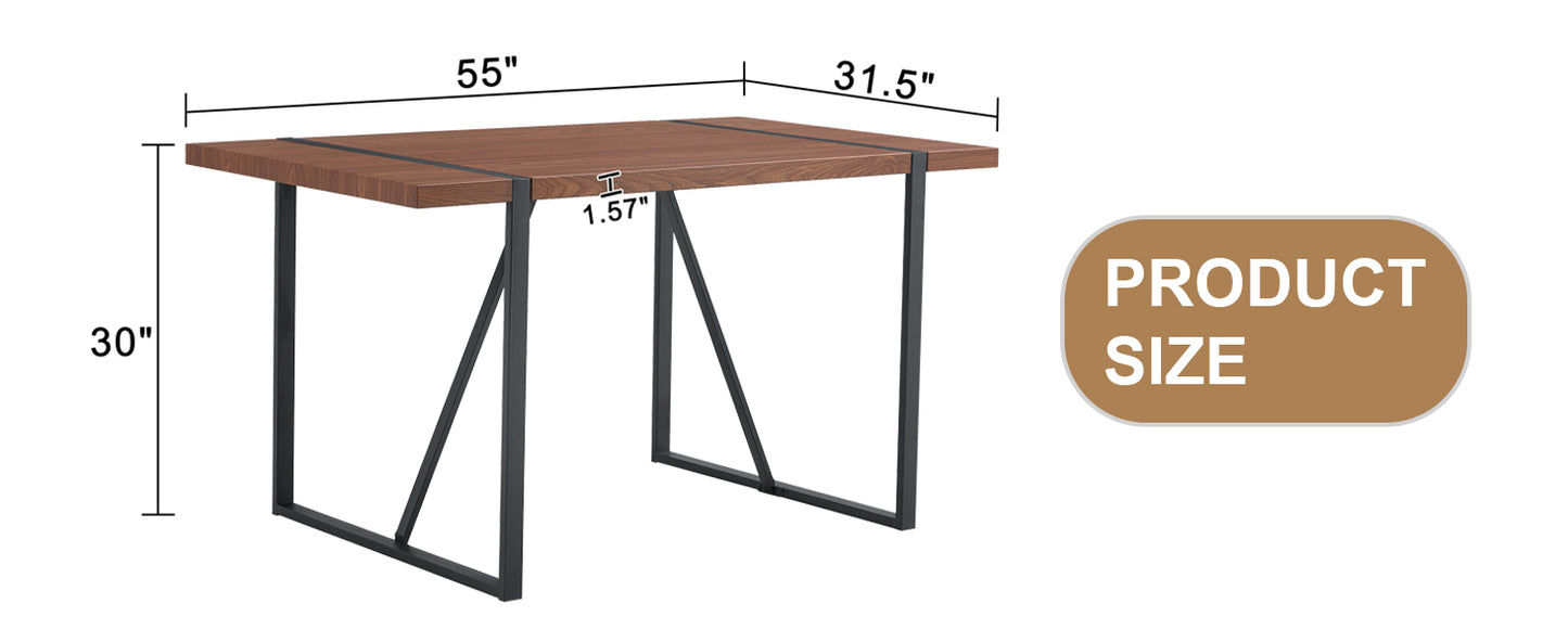 Industrial dining table with faux wood top and black metal frame W x D x H