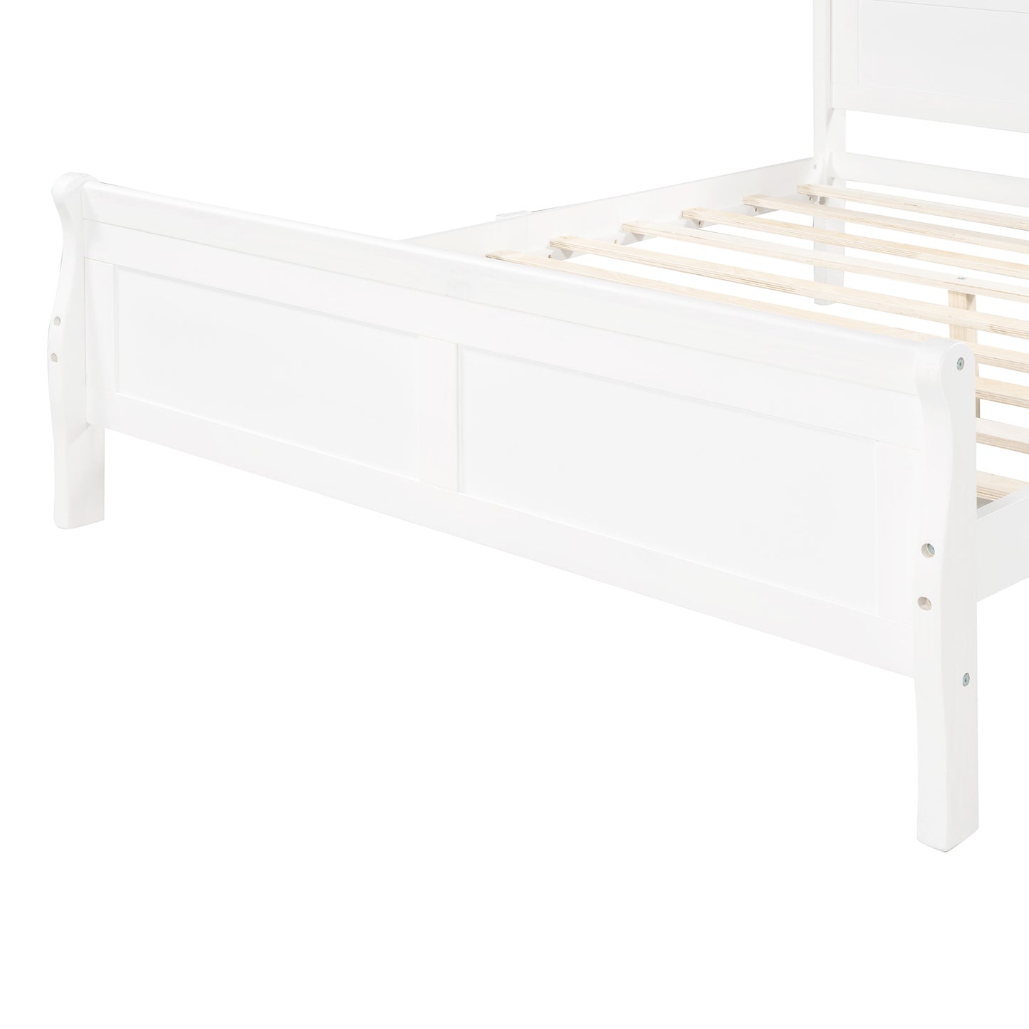 White wooden sleigh bed frame with slatted base clean design