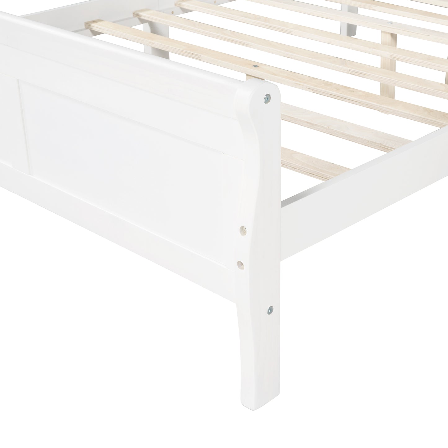 White sleigh bed frame with wooden slats clean and modern design