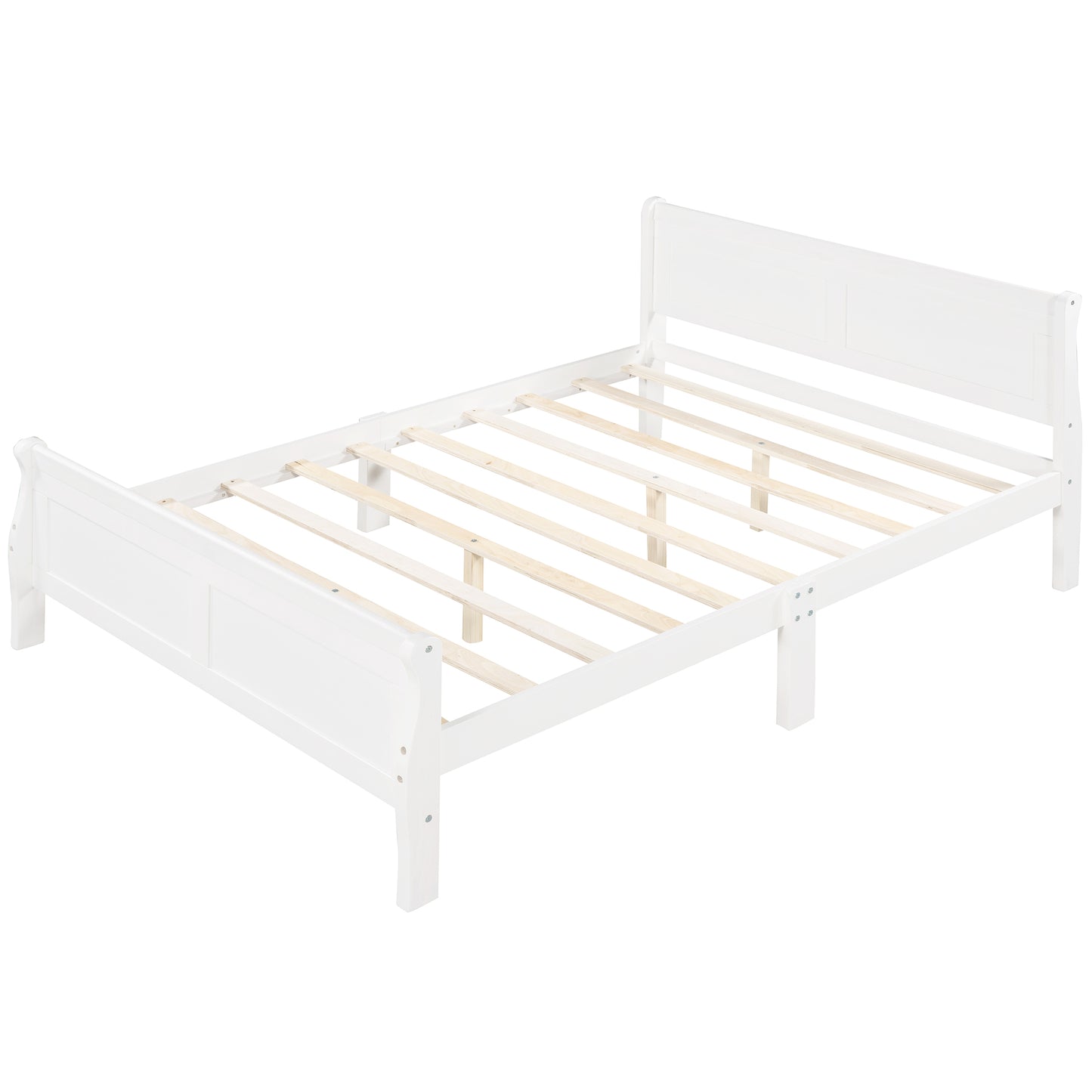 White wooden sleigh bed frame with slatted base minimalist design