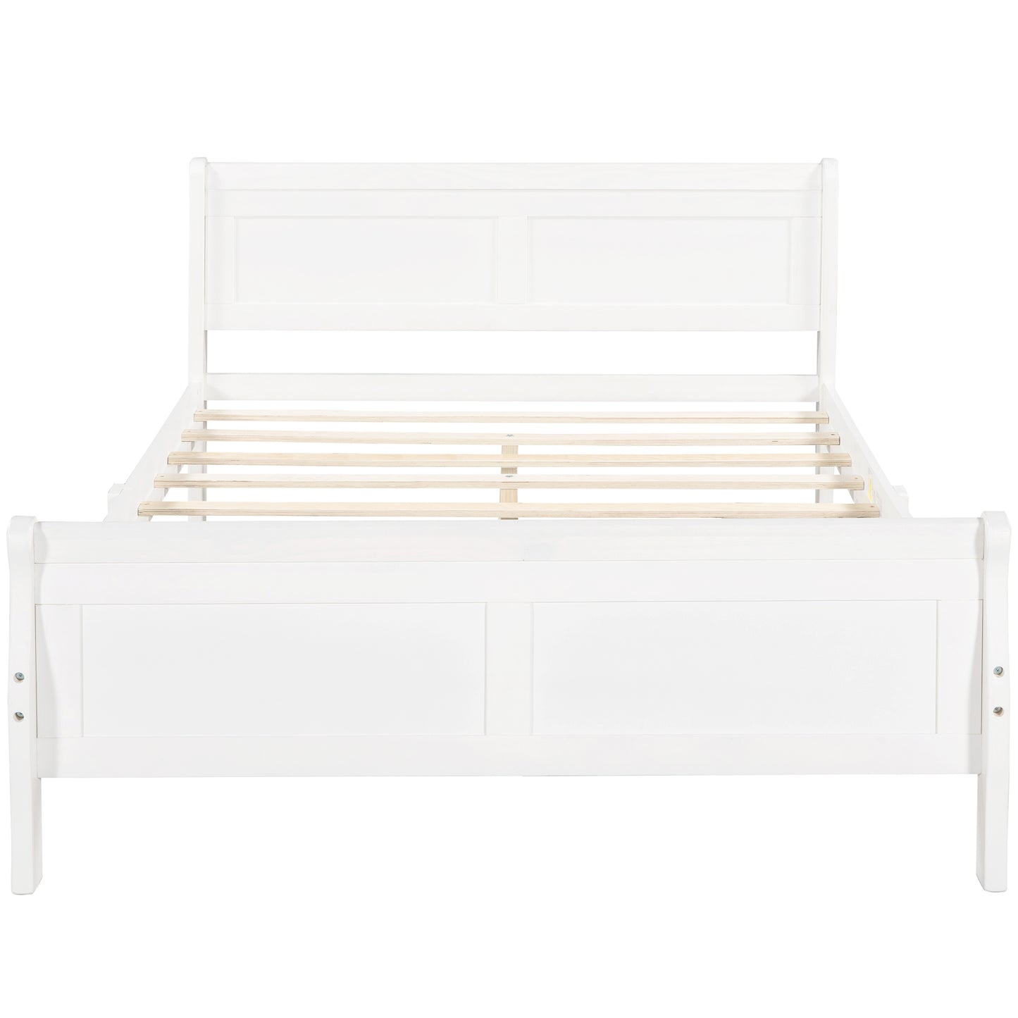 Modern white sleigh bed frame with wooden slats for mattress support