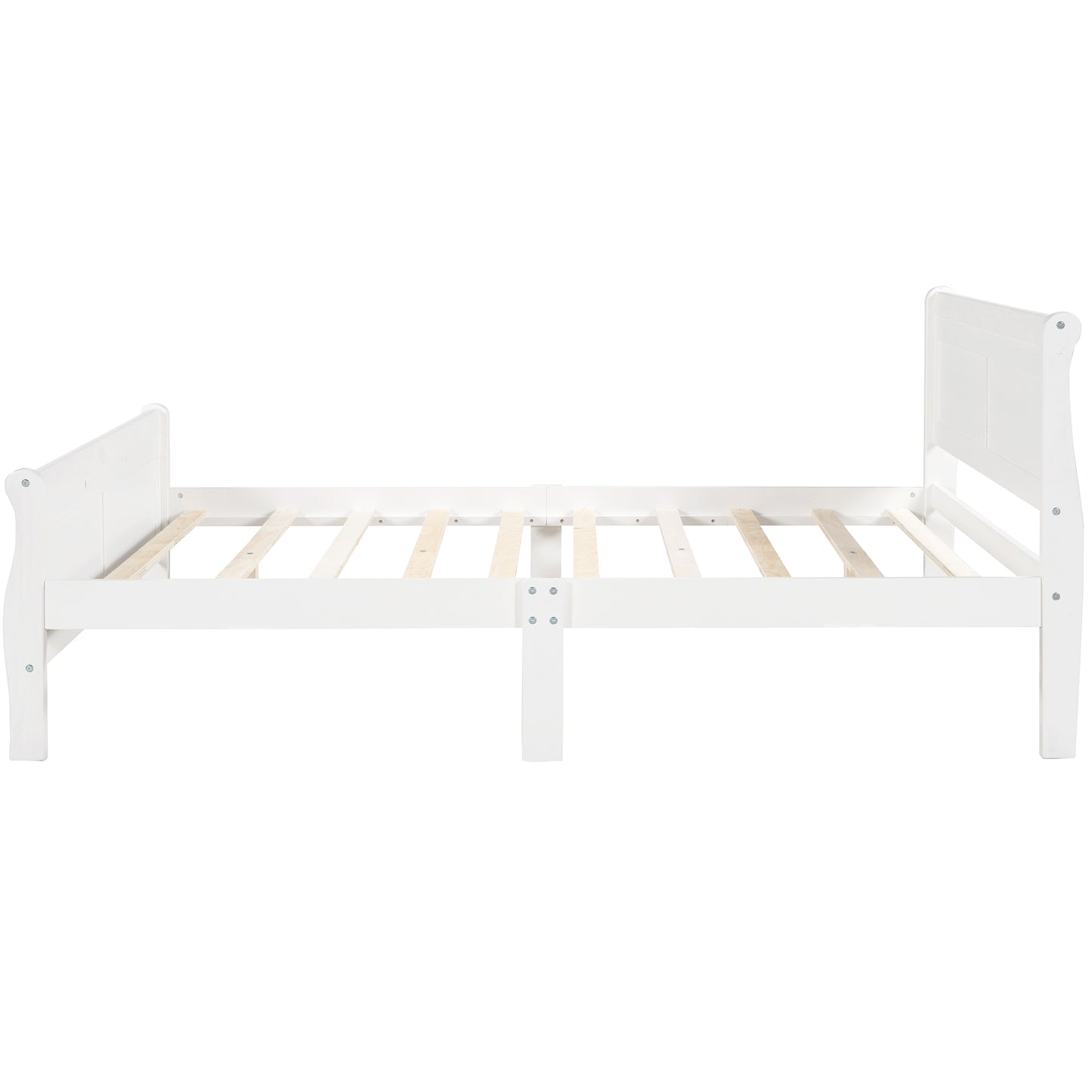 White wooden sleigh bed frame with slatted base queen size