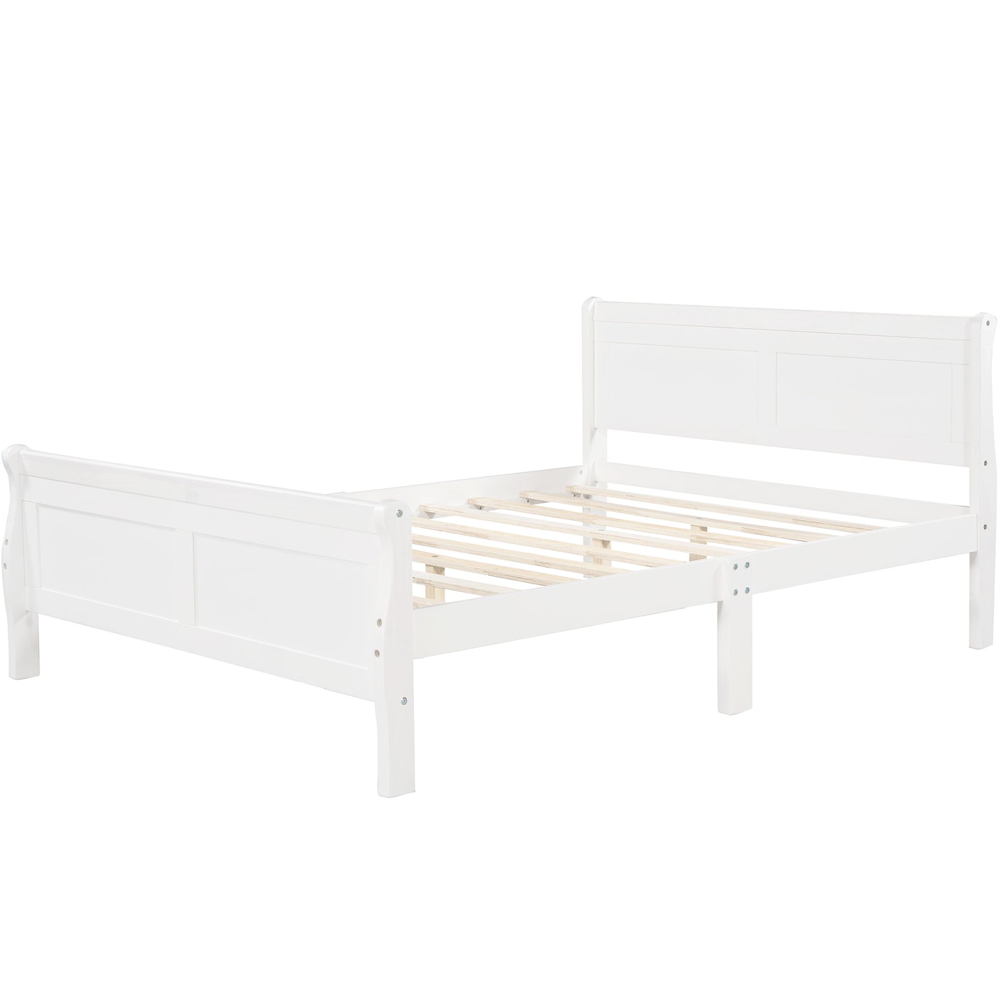 White sleigh bed frame with wooden slats and curved headboard queen size