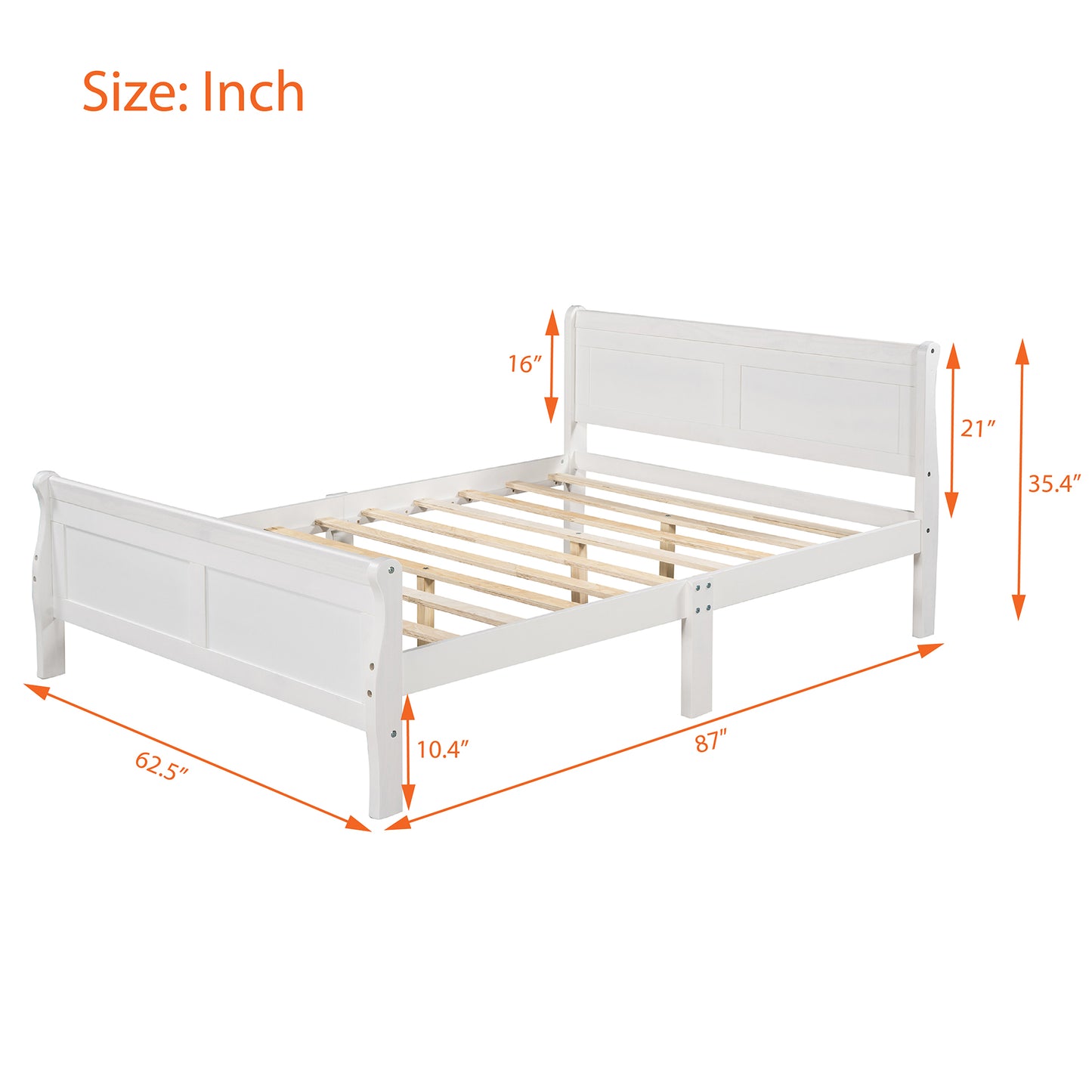 White wooden sleigh bed frame with slatted support inches long