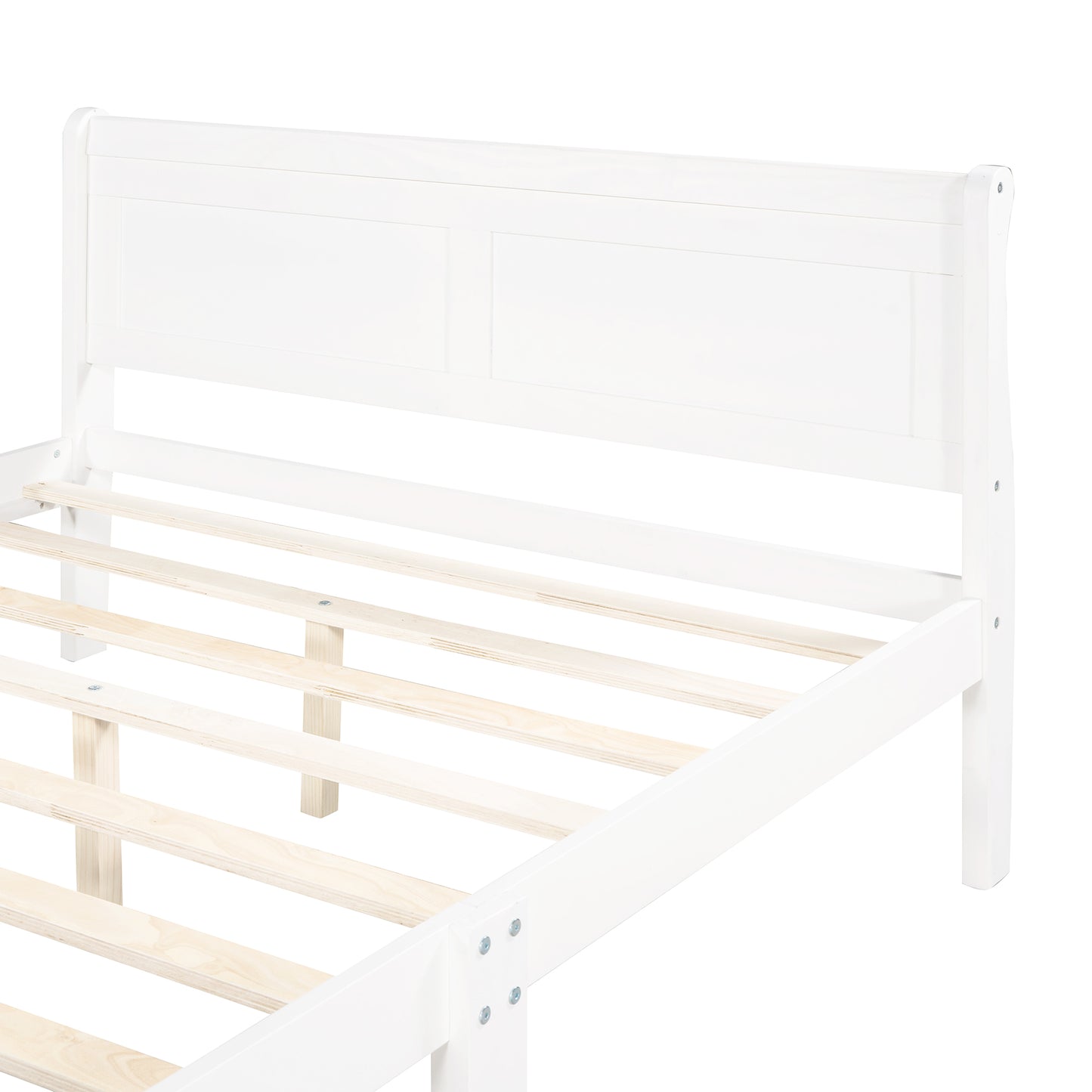 White wooden sleigh bed frame with slatted base modern design