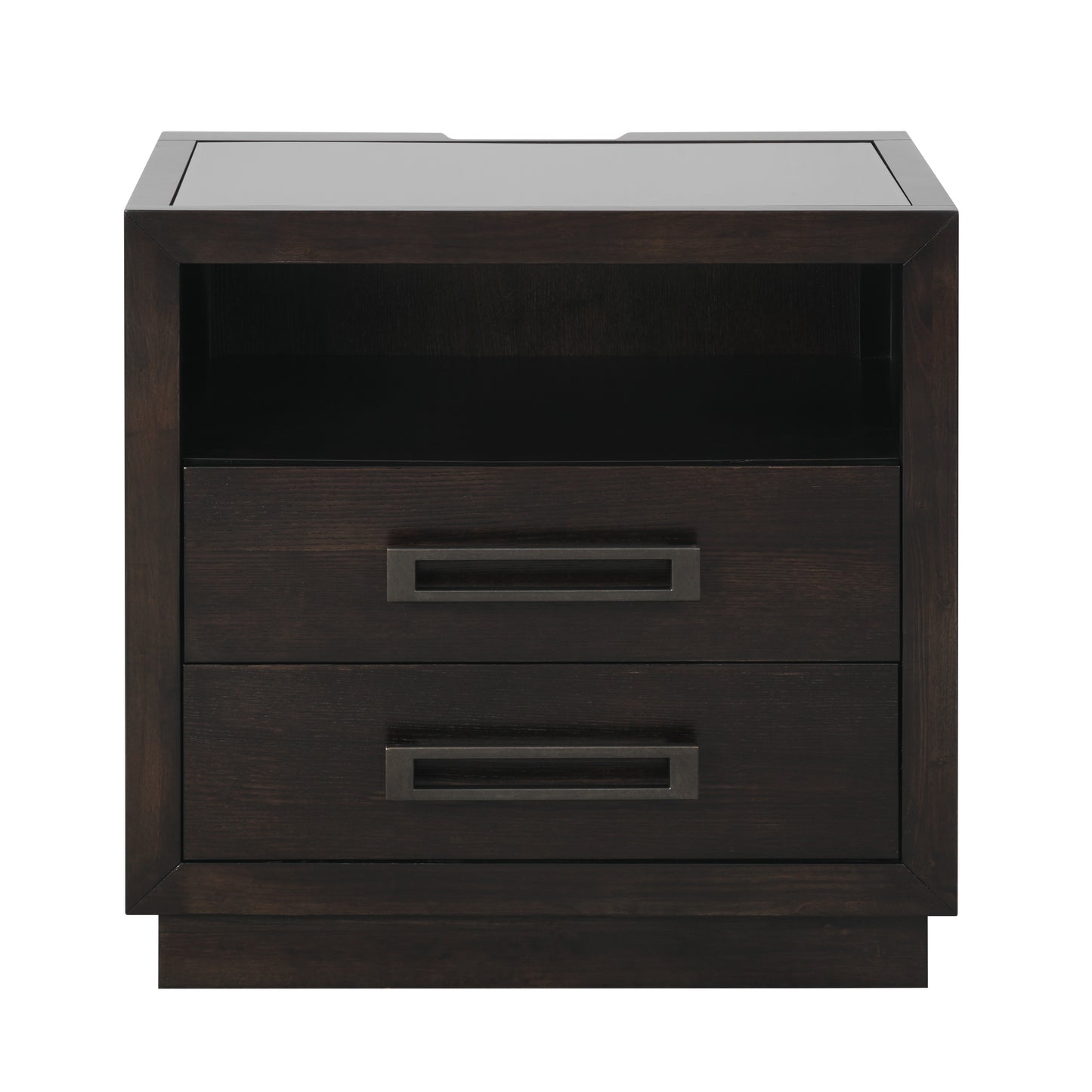 Dark wood nightstand with two drawers and open shelf