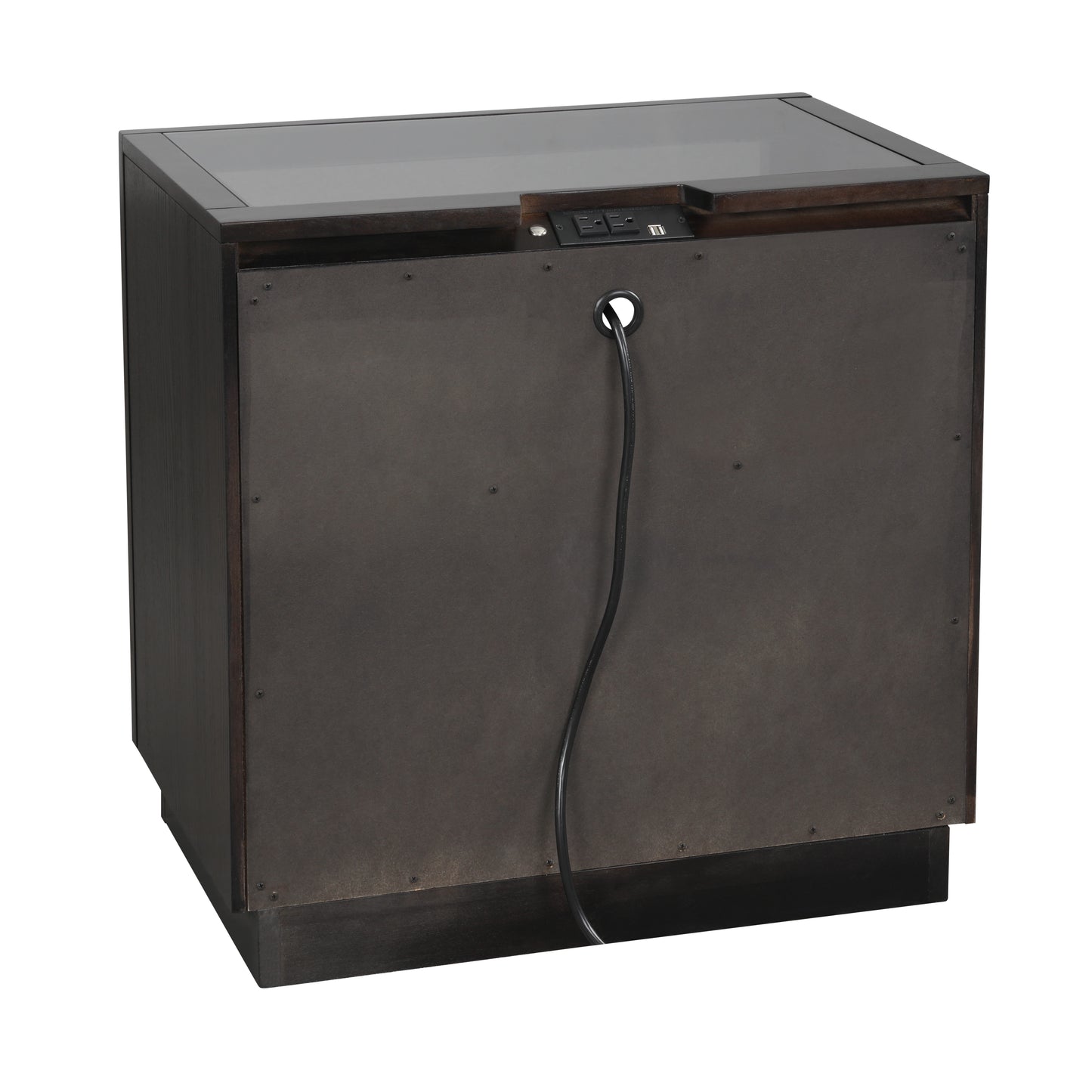 Dark wood bedside table with integrated power outlet and USB port