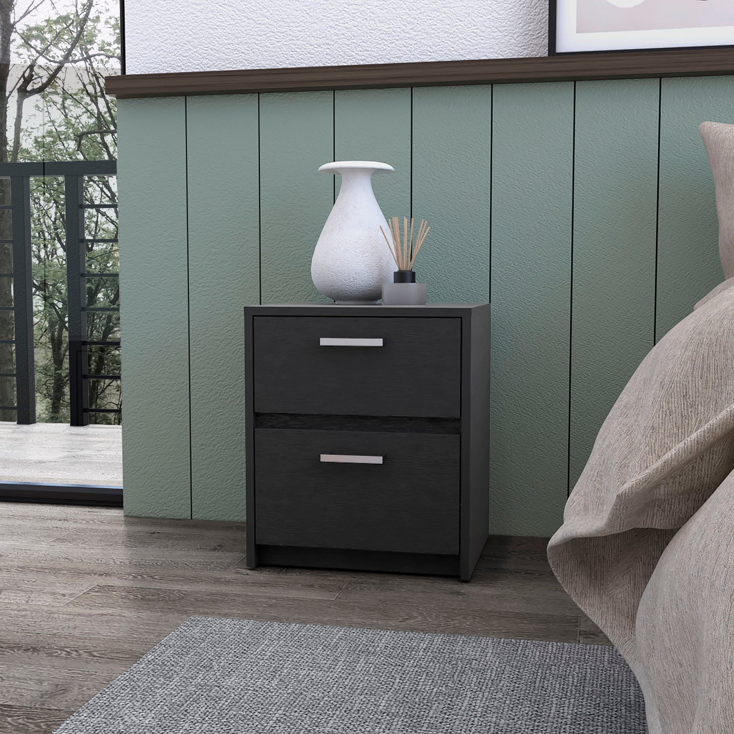 Dark grey modern twodrawer nightstand with silver handles