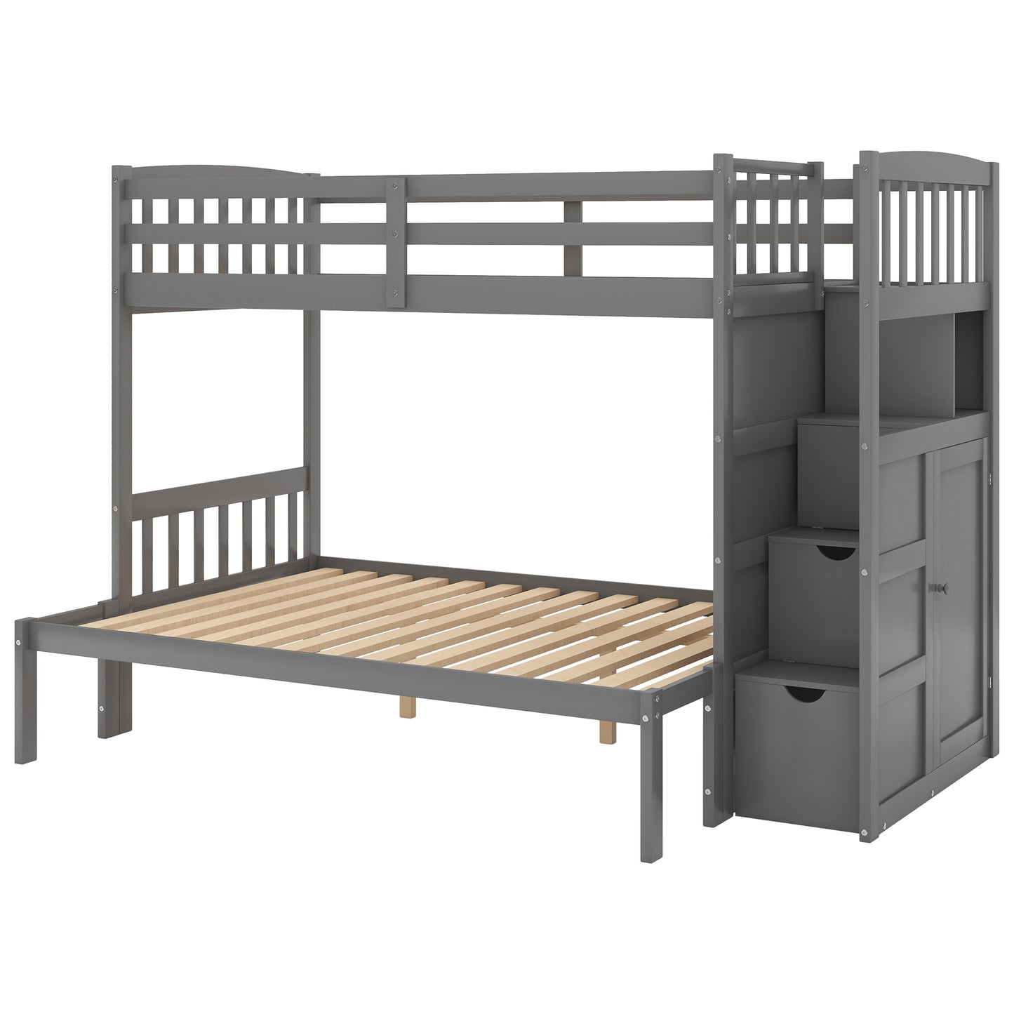 Grey twin over twin bunk bed with stairs and storage