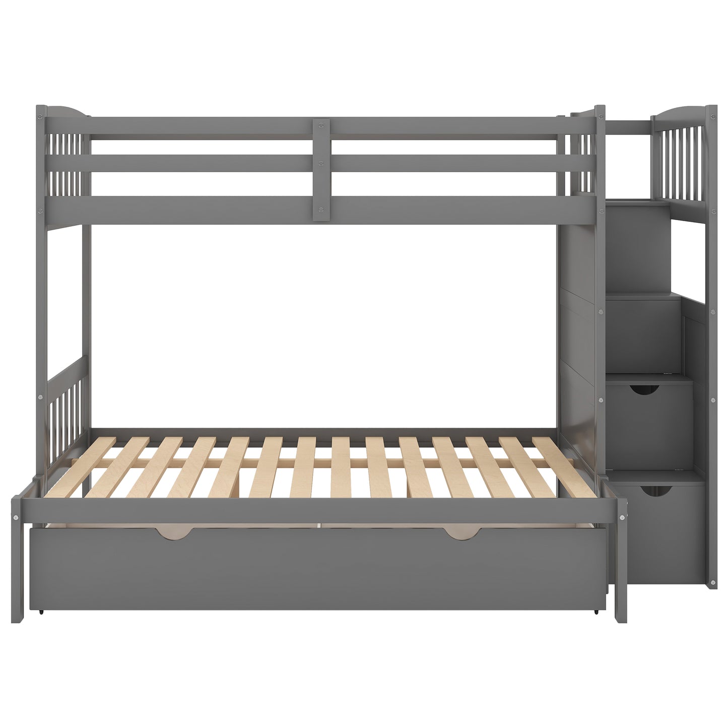 Gray wooden bunk bed with stairs and storage drawers ideal for kids rooms